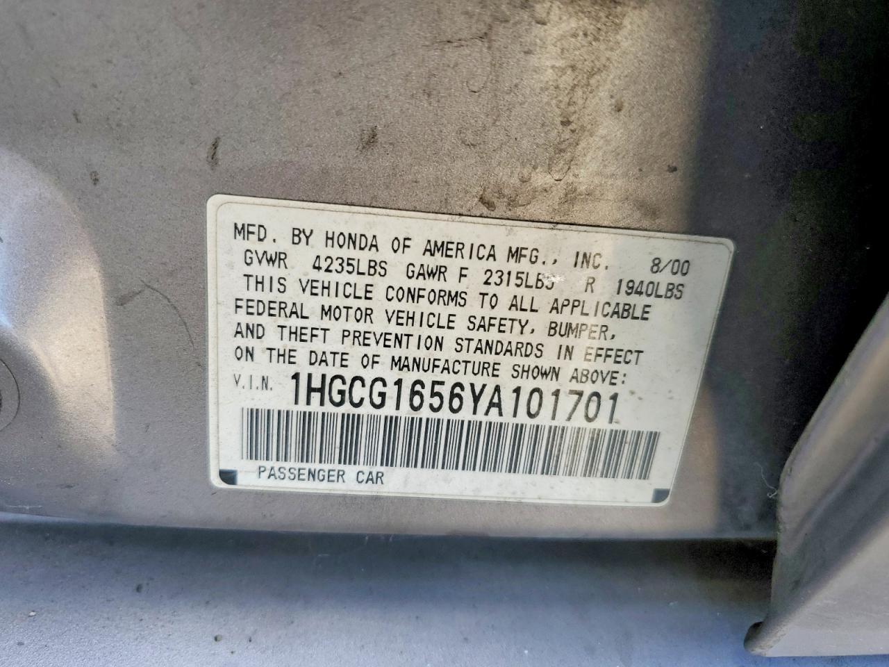 2000 Honda Accord Ex Gray vin: 1HGCG1656YA101701