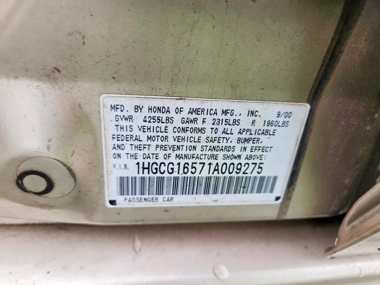 2001 Honda Accord Ex Beige vin: 1HGCG16571A009275