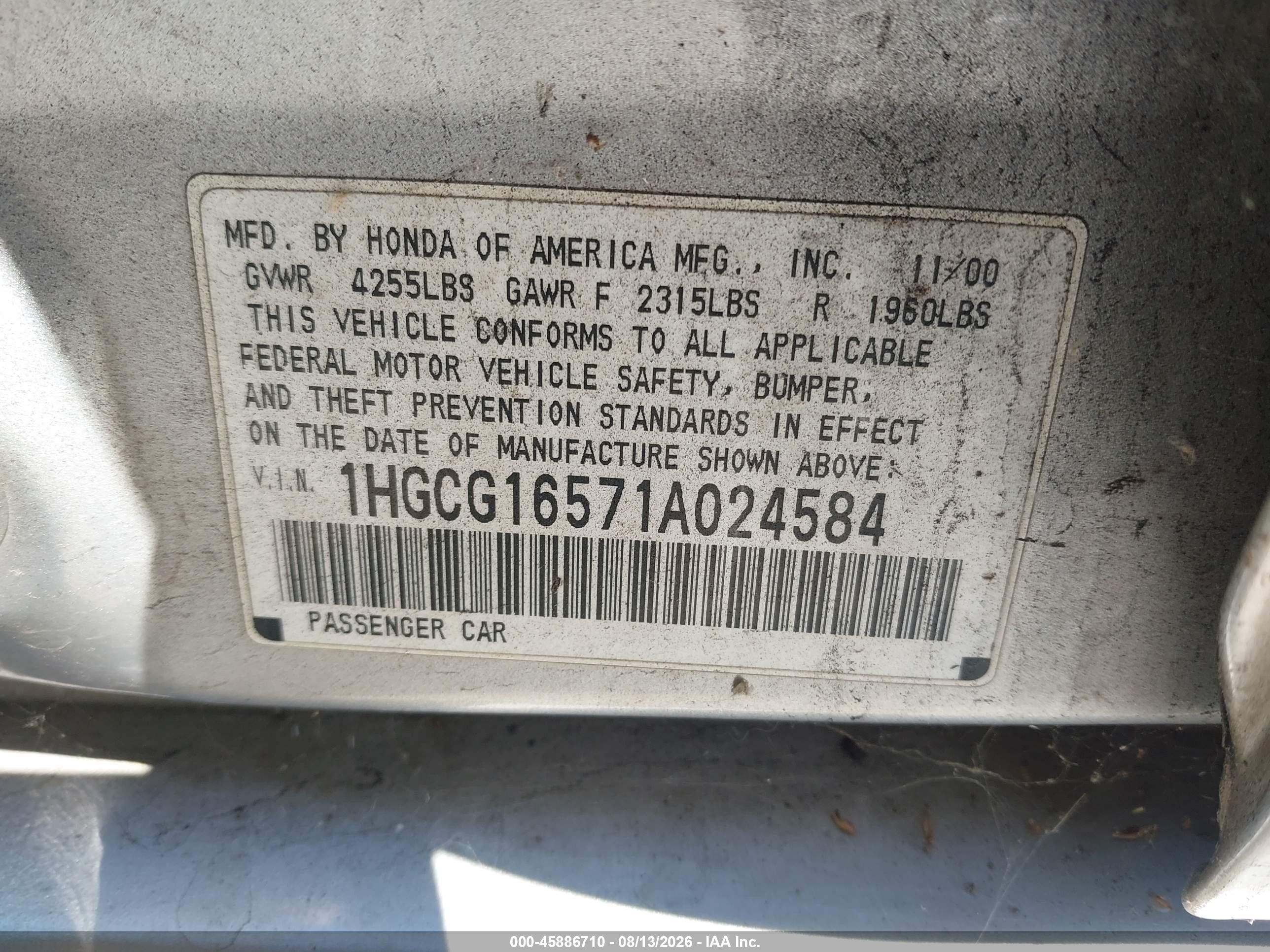 2001 Honda Accord 3.0 Ex Silver vin: 1HGCG16571A024584
