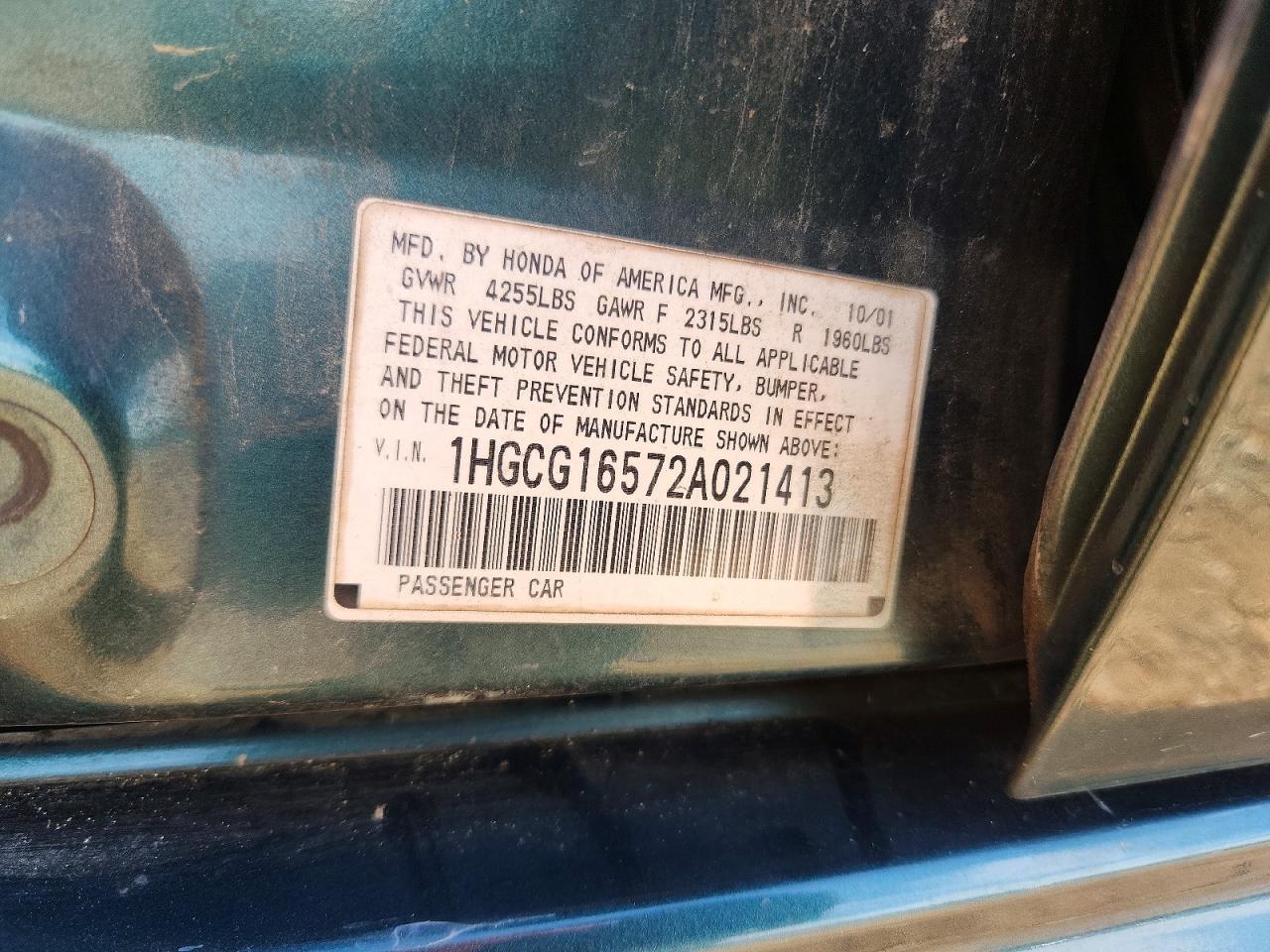 2002 Honda Accord Ex Зеленый vin: 1HGCG16572A021413
