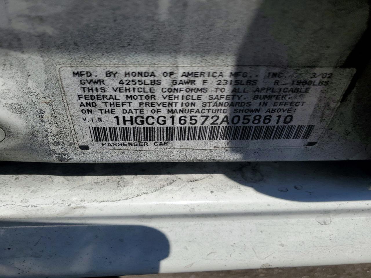 2002 Honda Accord Ex White vin: 1HGCG16572A058610