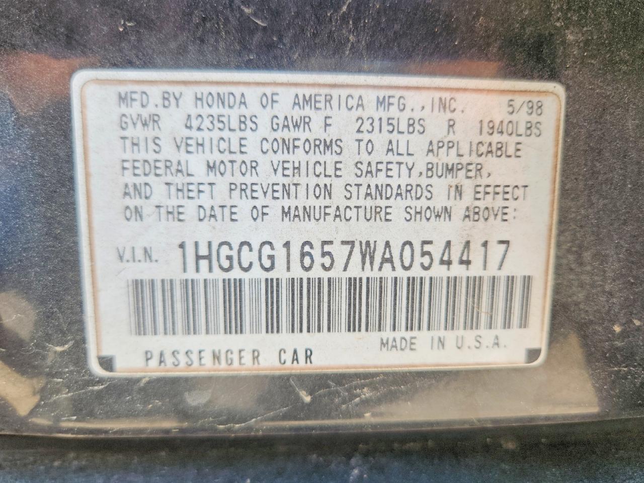 1998 Honda Accord Ex Black vin: 1HGCG1657WA054417
