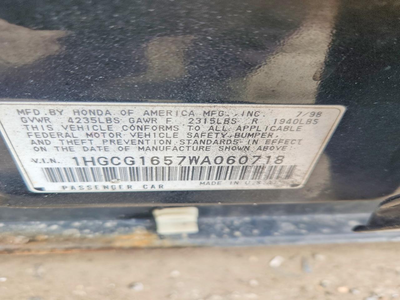 1998 Honda Accord Ex Черный vin: 1HGCG1657WA060718