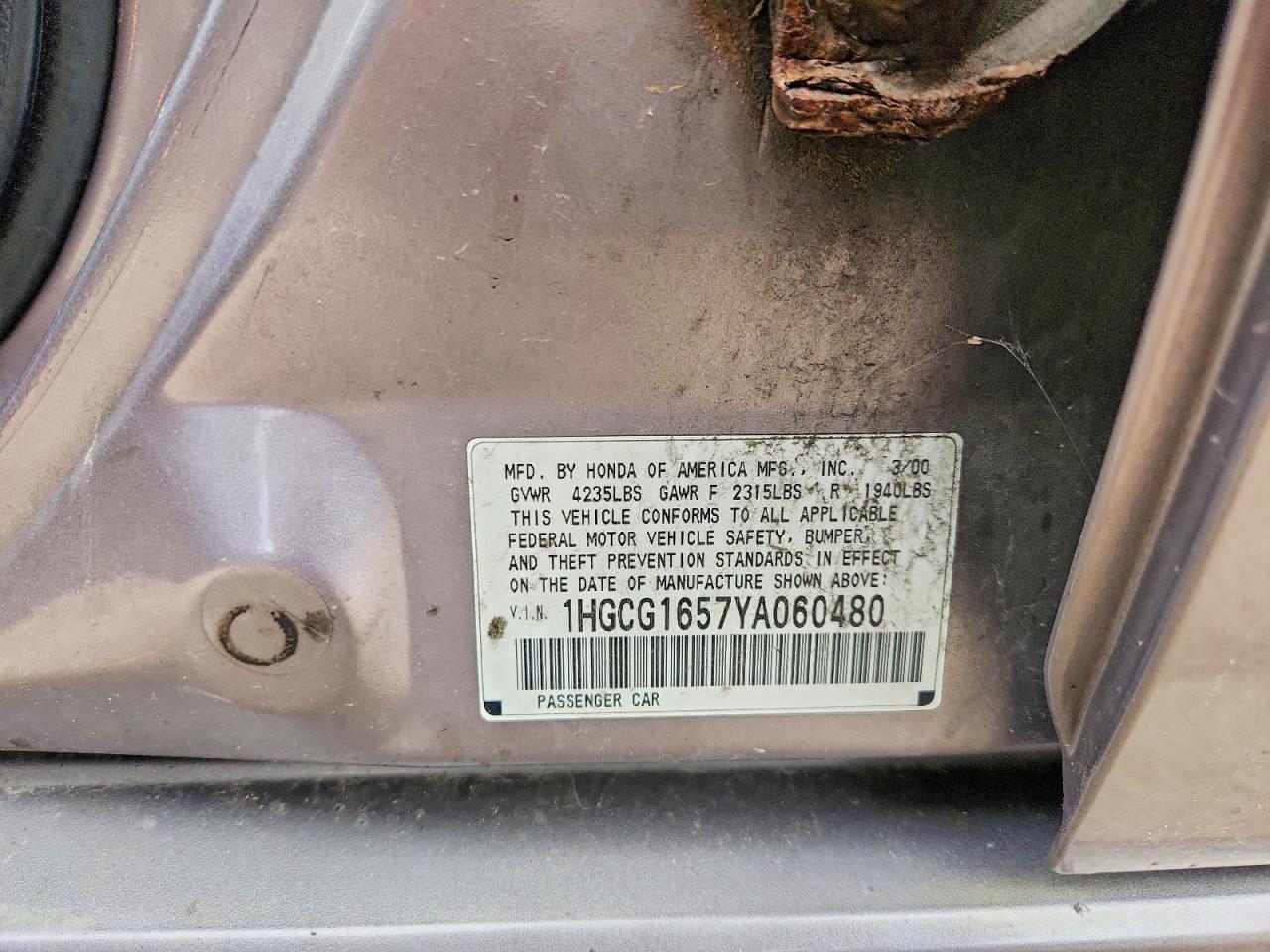 2000 Honda Accord Ex Gray vin: 1HGCG1657YA060480