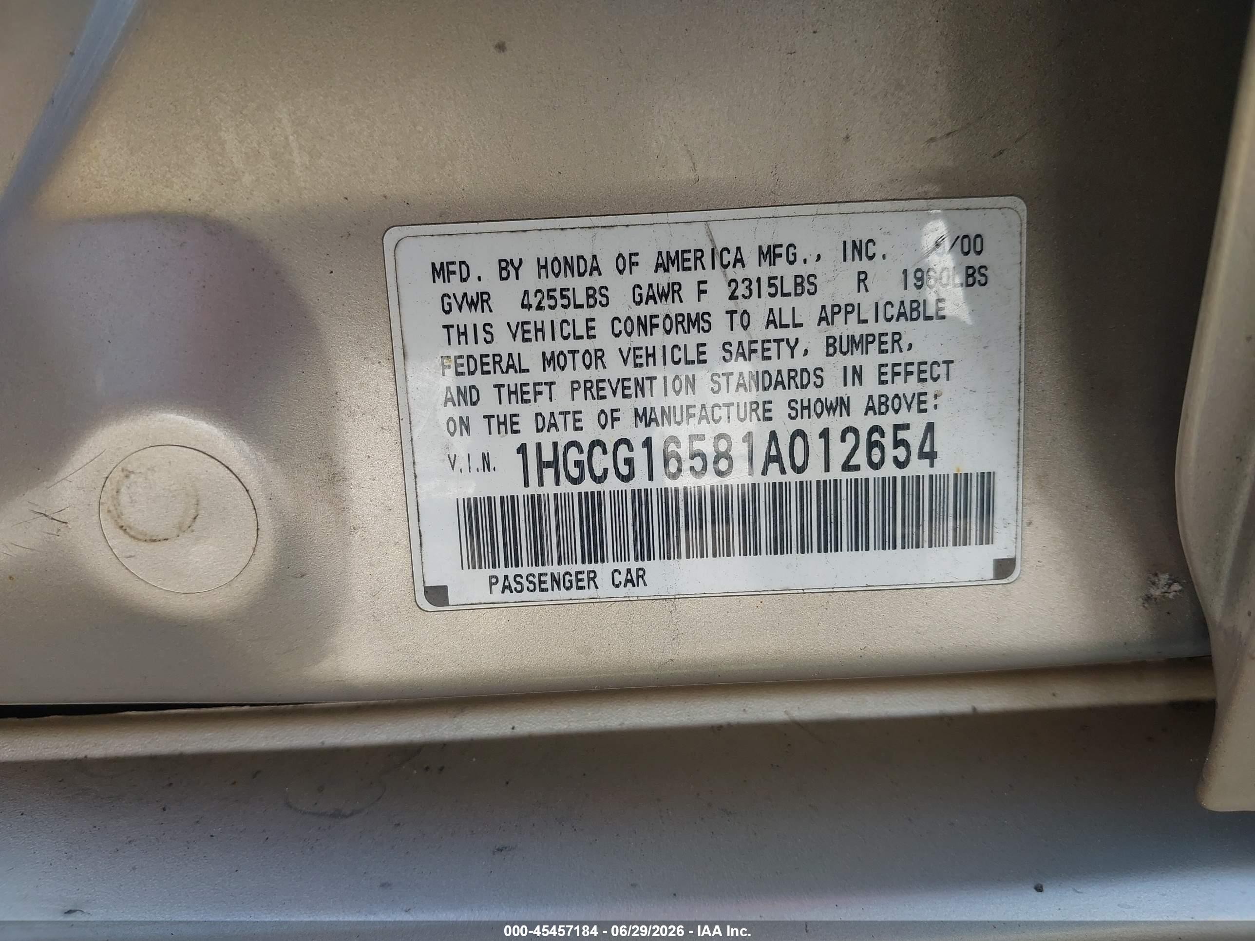 2001 Honda Accord 3.0 Ex Gold vin: 1HGCG16581A012654