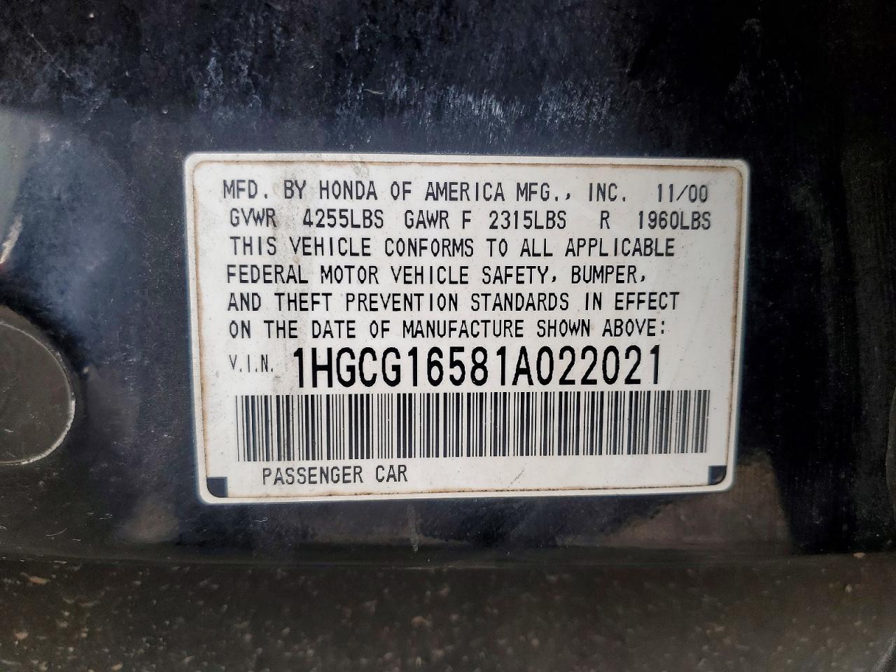2001 Honda Accord Ex Black vin: 1HGCG16581A022021