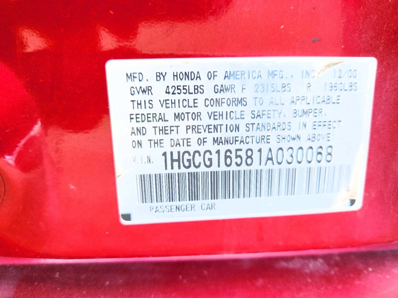 2001 Honda Accord Темно-бордовый vin: 1HGCG16581A030068