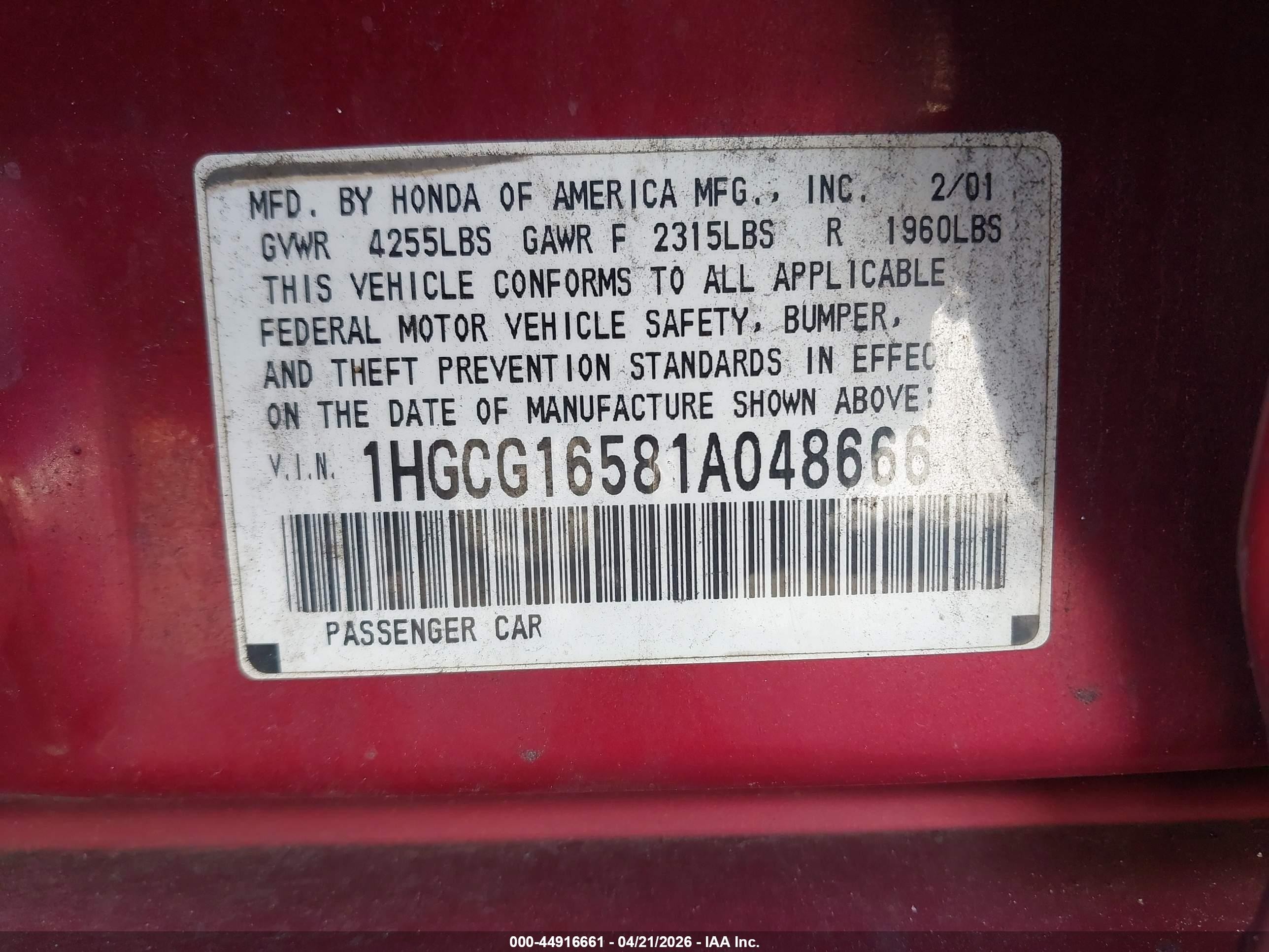 2001 Honda Accord 3.0 Ex Burgundy vin: 1HGCG16581A048666
