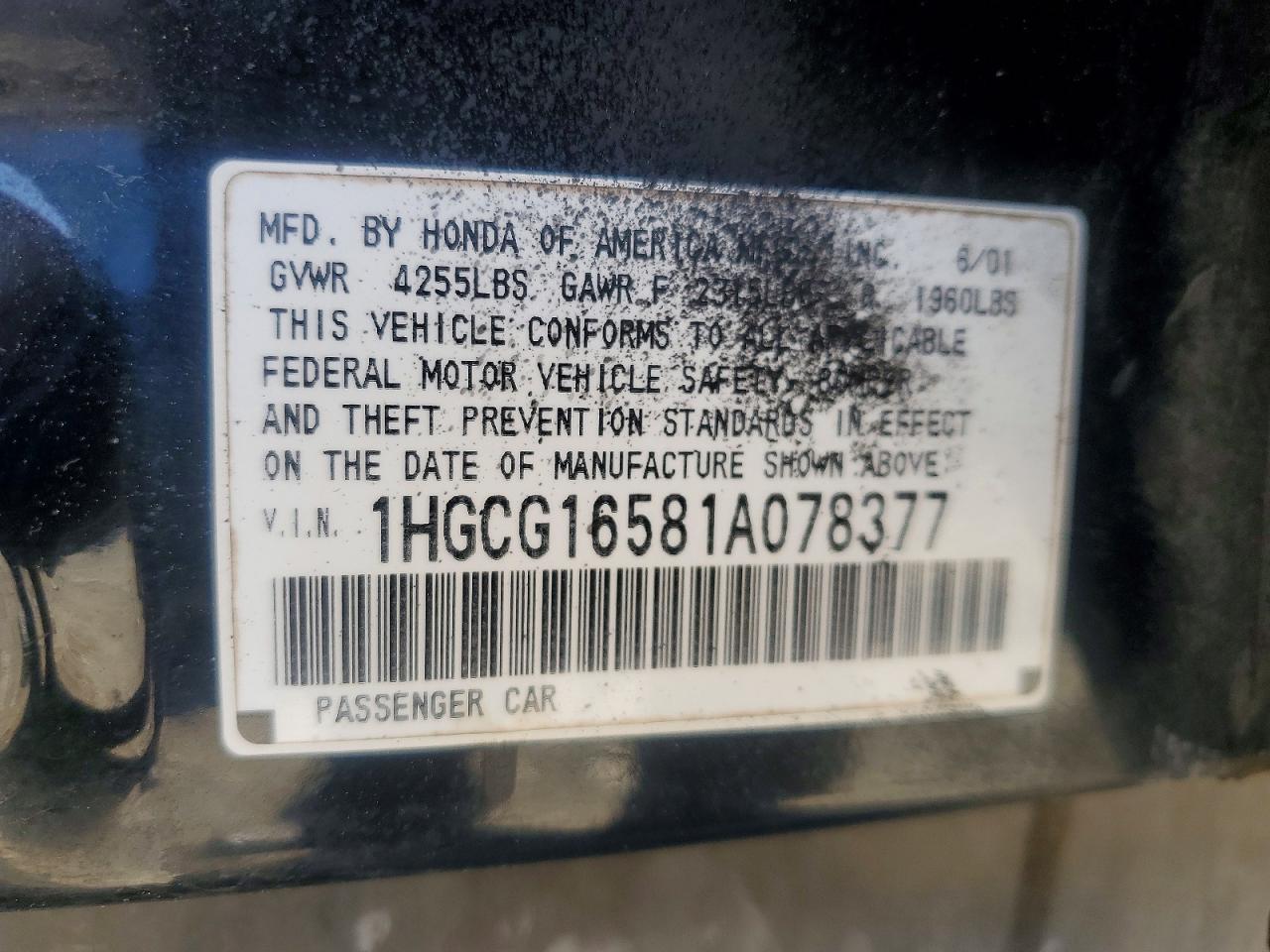 2001 Honda Accord Ex Black vin: 1HGCG16581A078377