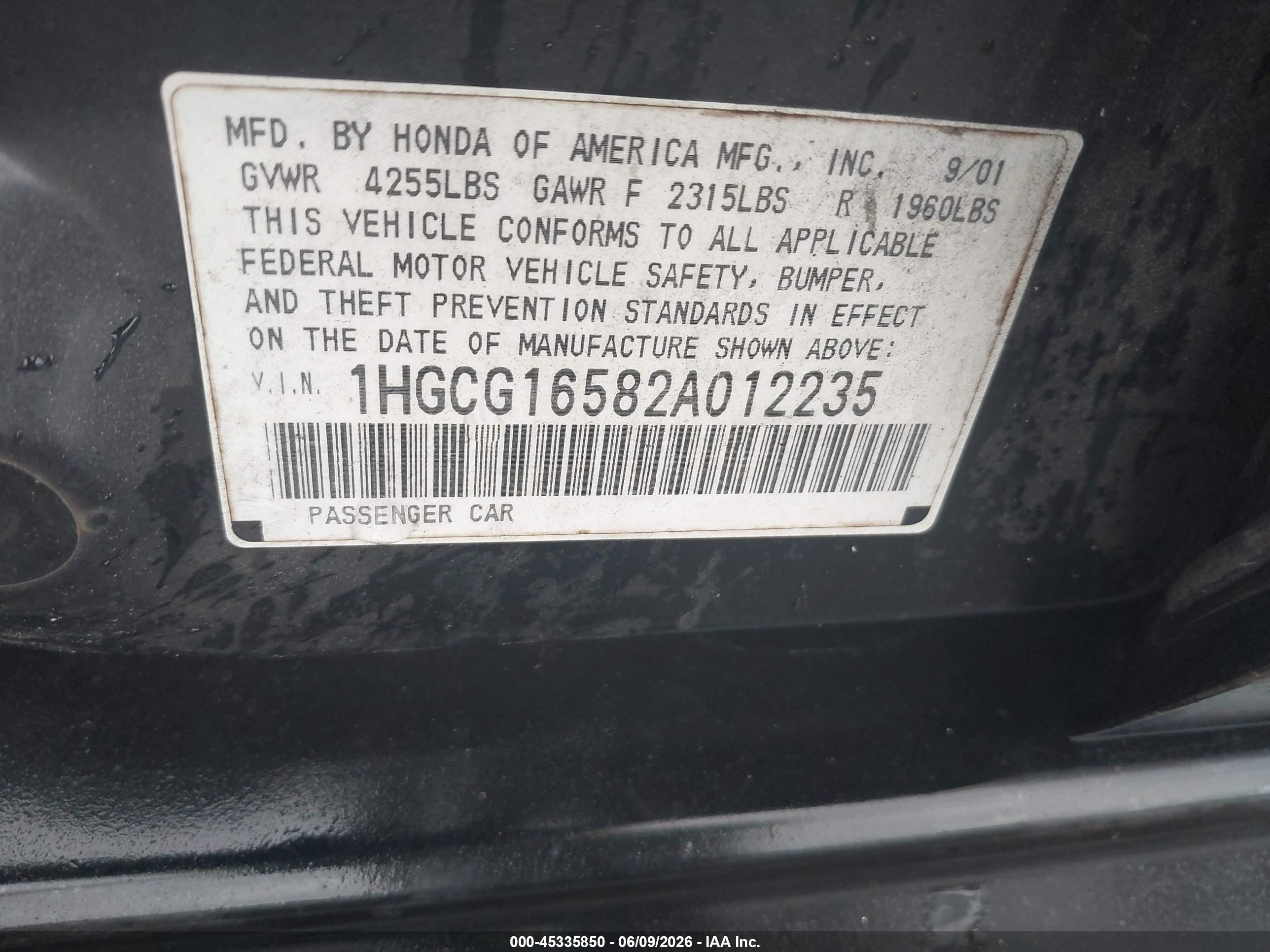 2002 Honda Accord 3.0 Ex Black vin: 1HGCG16582A012235