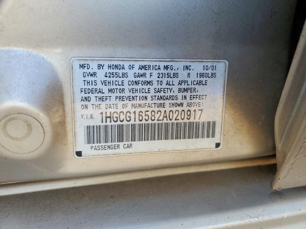 2002 Honda Accord Ex Gold vin: 1HGCG16582A020917