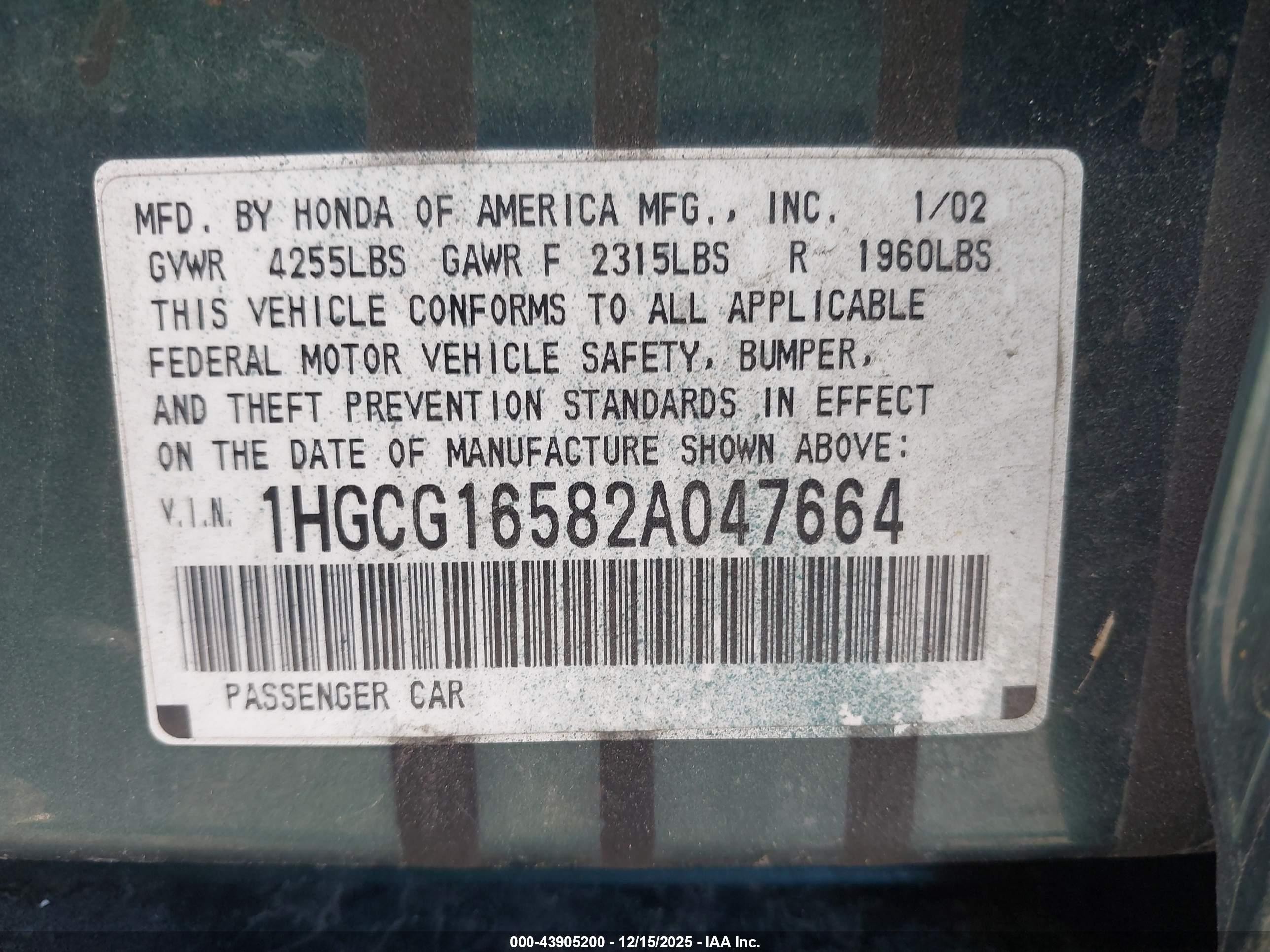 2002 Honda Accord 3.0 Ex Green vin: 1HGCG16582A047664
