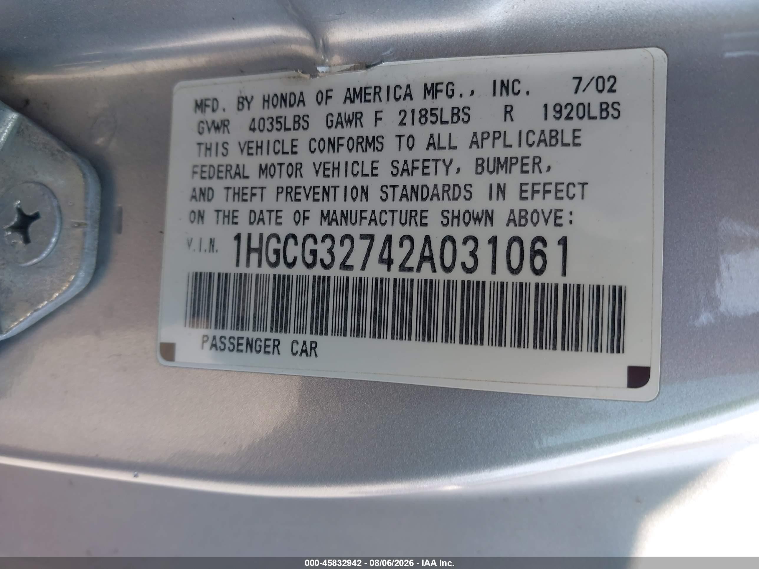 2002 Honda Accord 2.3 Ex Silver vin: 1HGCG32742A031061