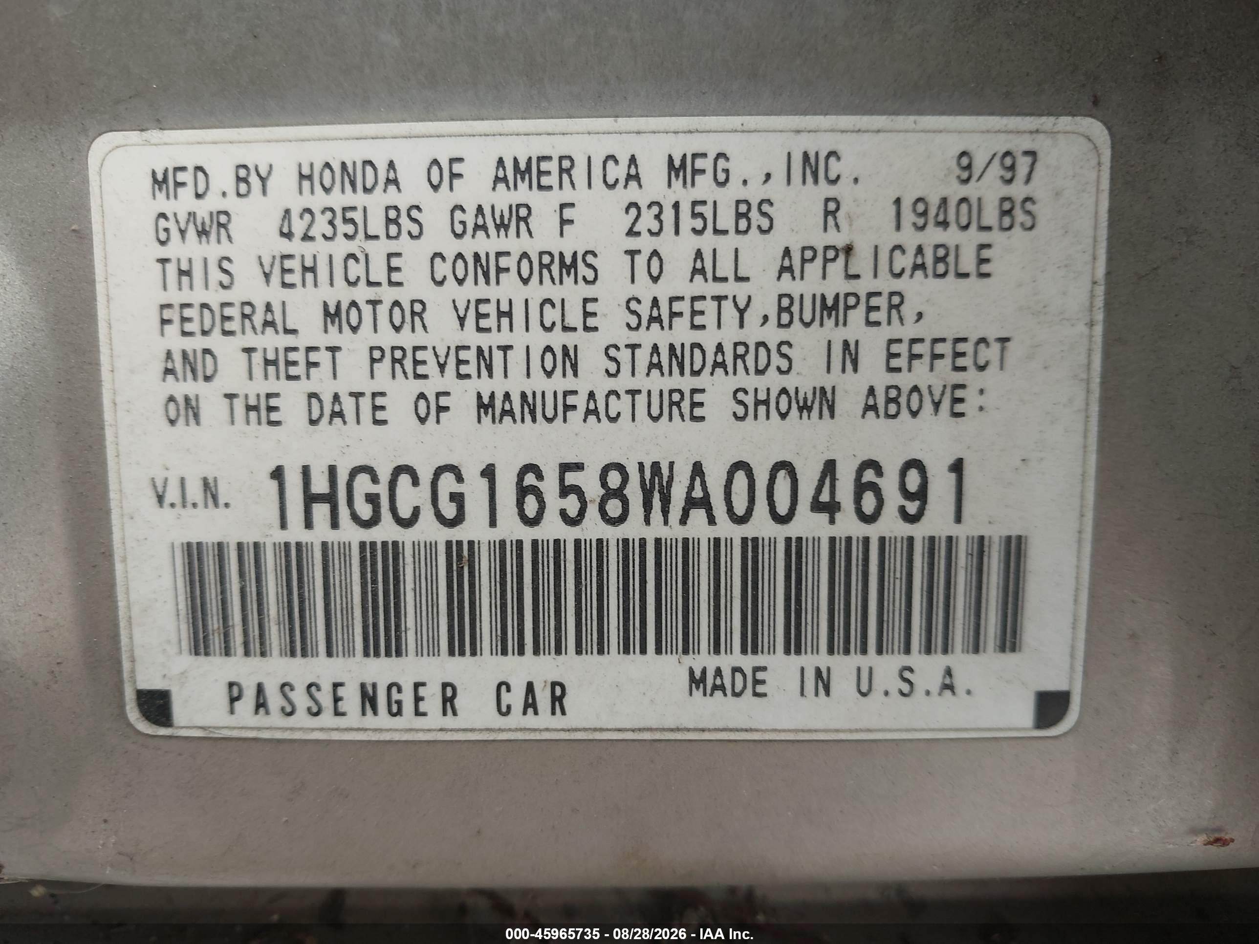 1998 Honda Accord Ex V6 Серебряный vin: 1HGCG1658WA004691