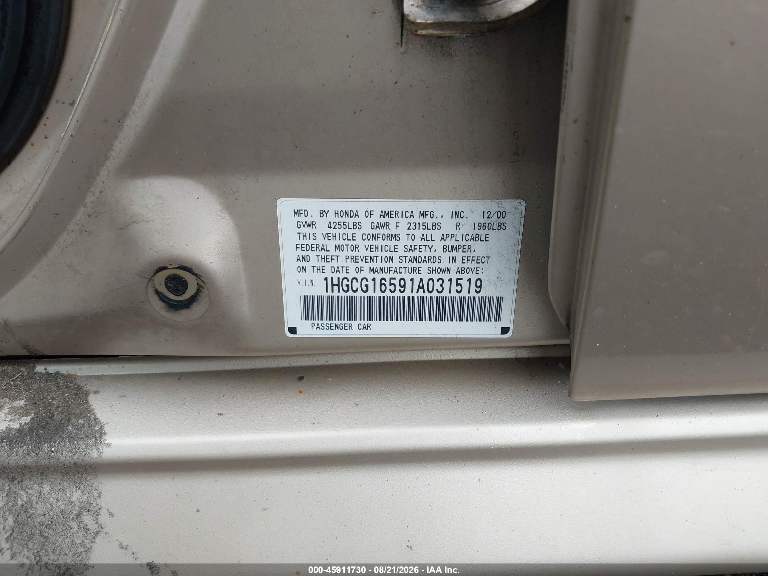 2001 Honda Accord 3.0 Ex Золотой vin: 1HGCG16591A031519