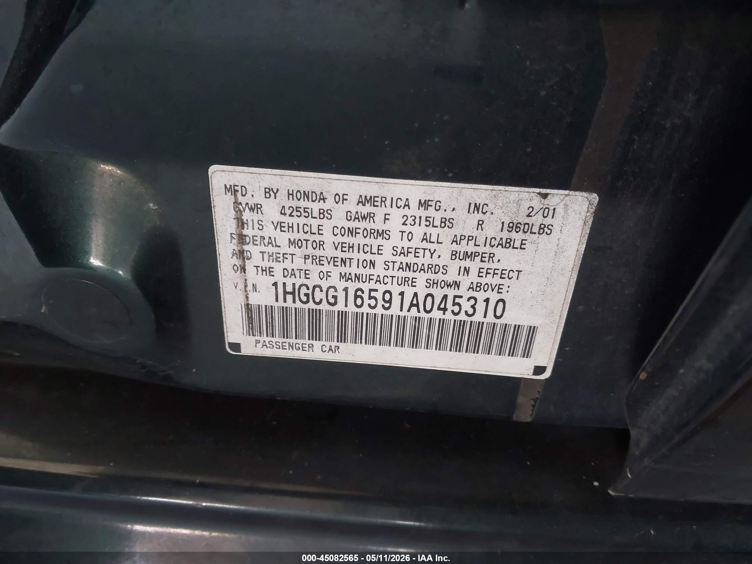 2001 Honda Accord 3.0 Ex Green vin: 1HGCG16591A045310