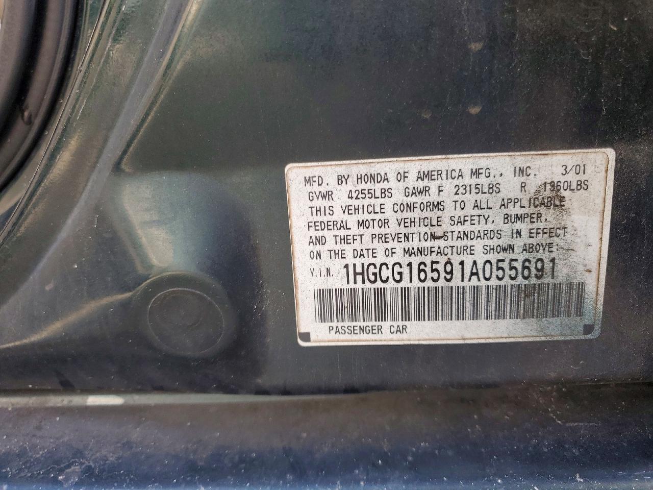 2001 Honda Accord Ex Gray vin: 1HGCG16591A055691