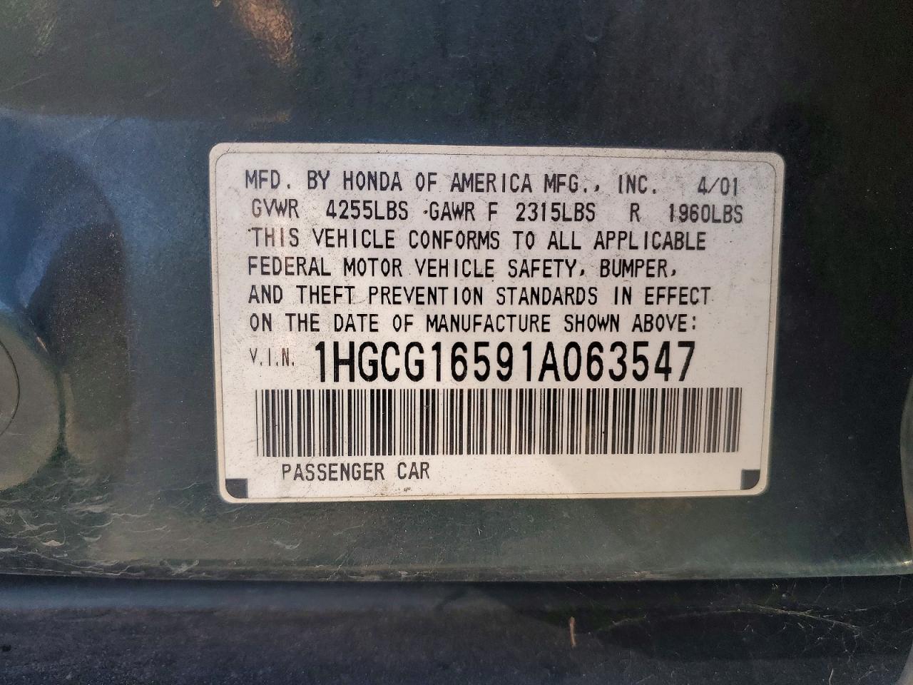 2001 Honda Accord Ex Зеленый vin: 1HGCG16591A063547