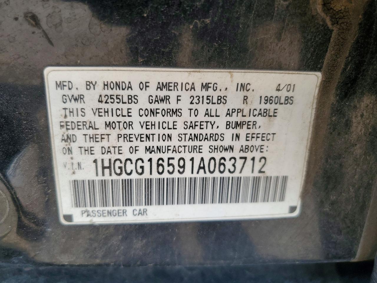 2001 Honda Accord Ex Black vin: 1HGCG16591A063712