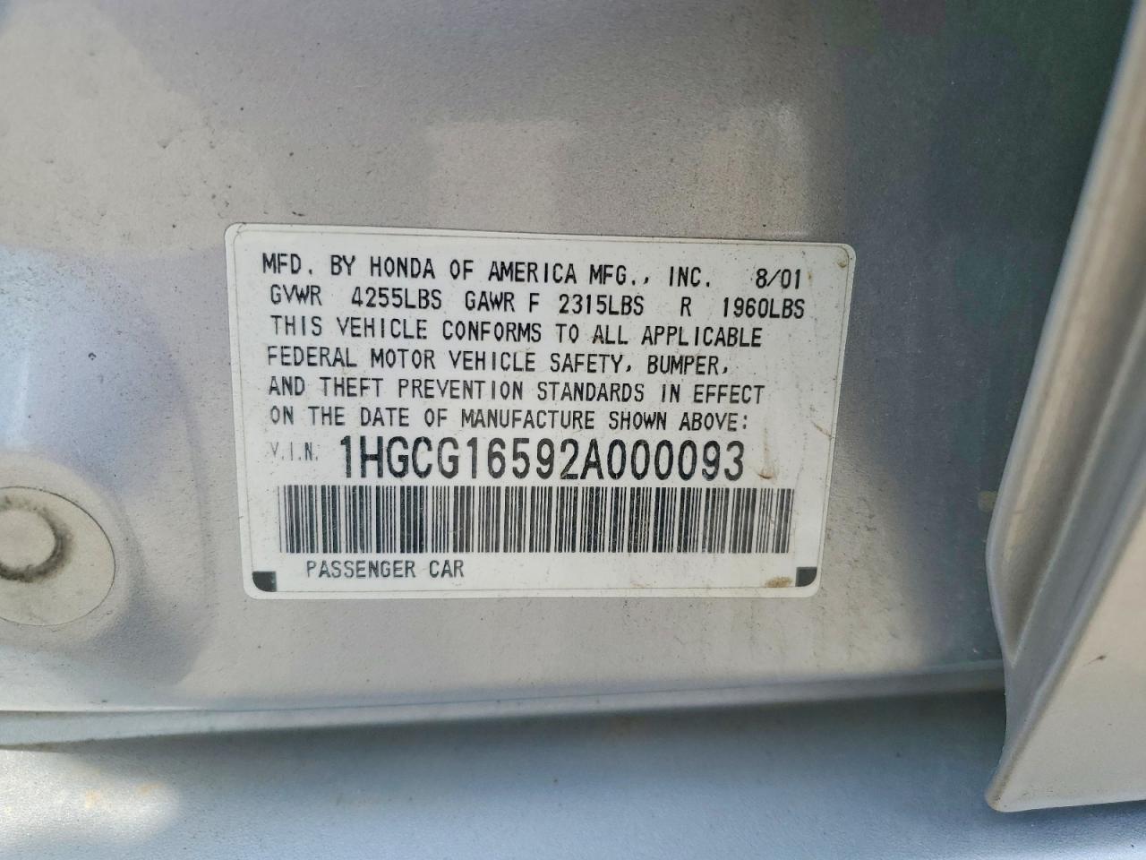 2002 Honda Accord Ex Silver vin: 1HGCG16592A000093
