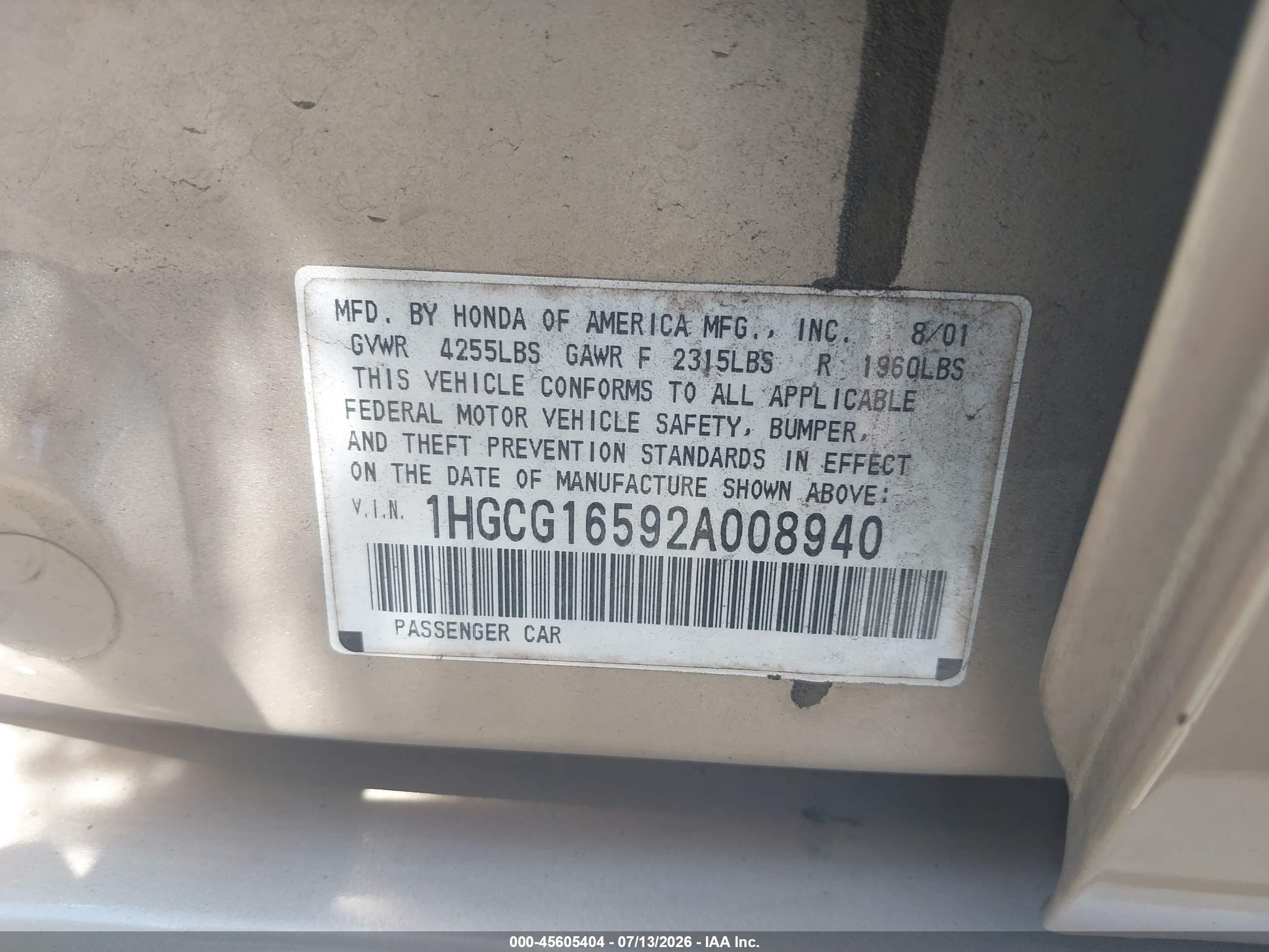 2002 Honda Accord 3.0 Ex Золотой vin: 1HGCG16592A008940