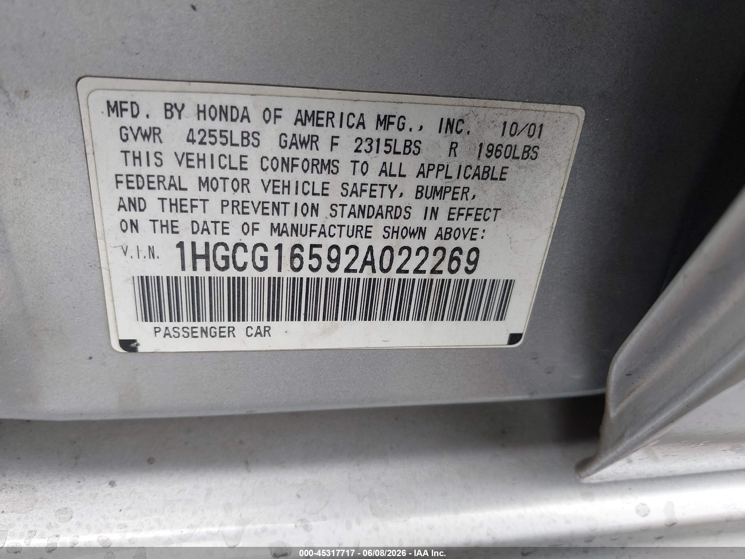 2002 Honda Accord 3.0 Ex Silver vin: 1HGCG16592A022269