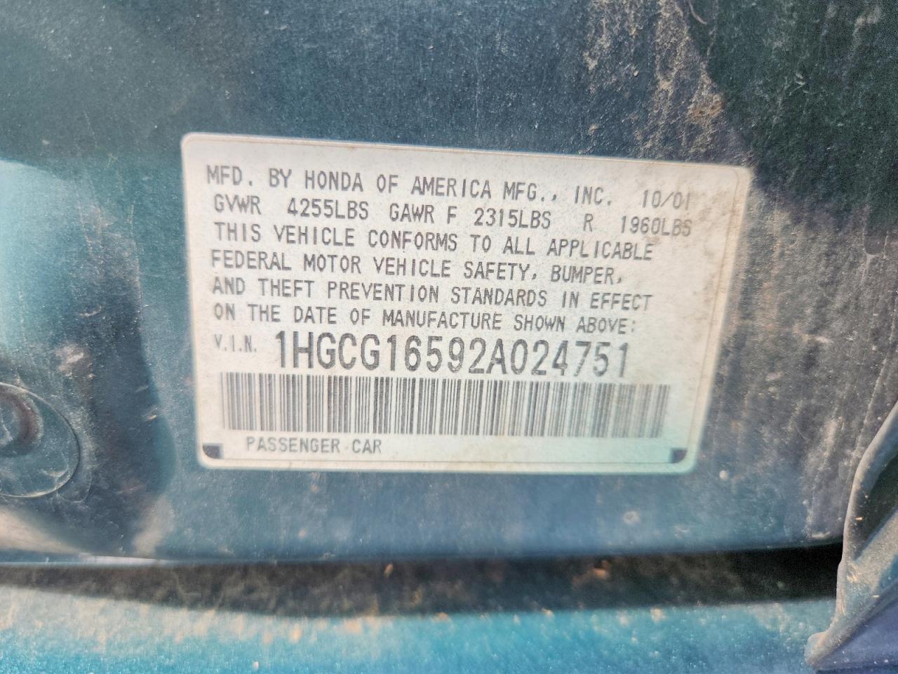 2002 Honda Accord Ex Green vin: 1HGCG16592A024751
