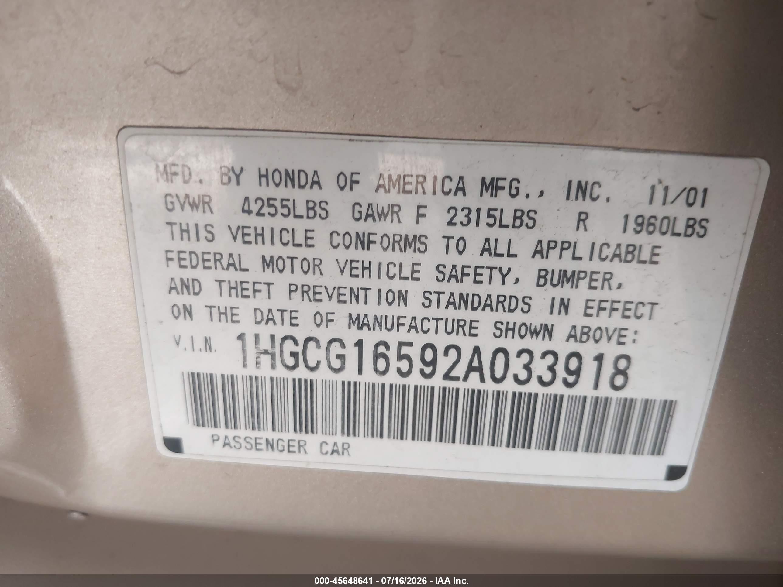 2002 Honda Accord 3.0 Ex Gold vin: 1HGCG16592A033918