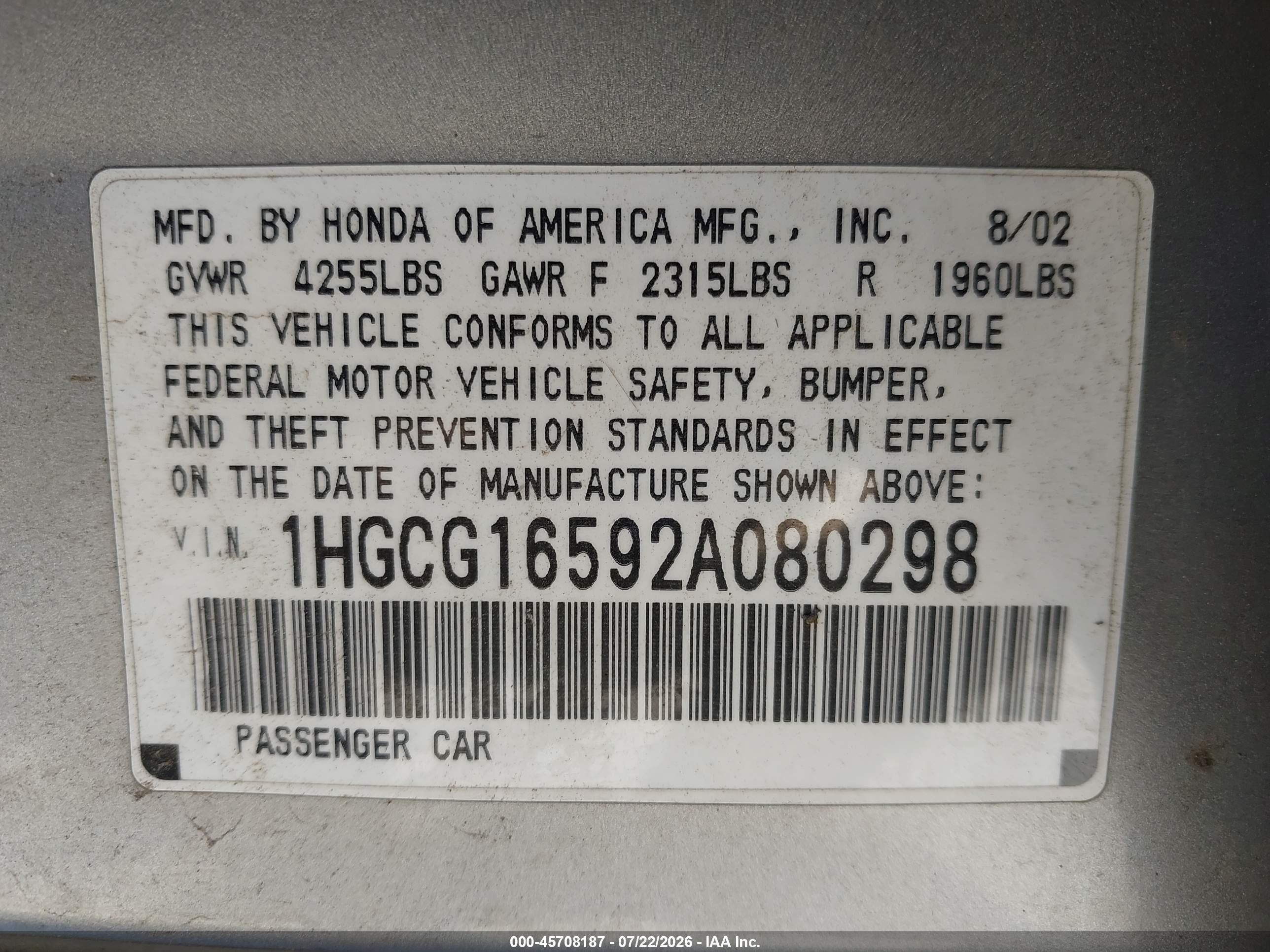 2002 Honda Accord 3.0 Ex Silver vin: 1HGCG16592A080298
