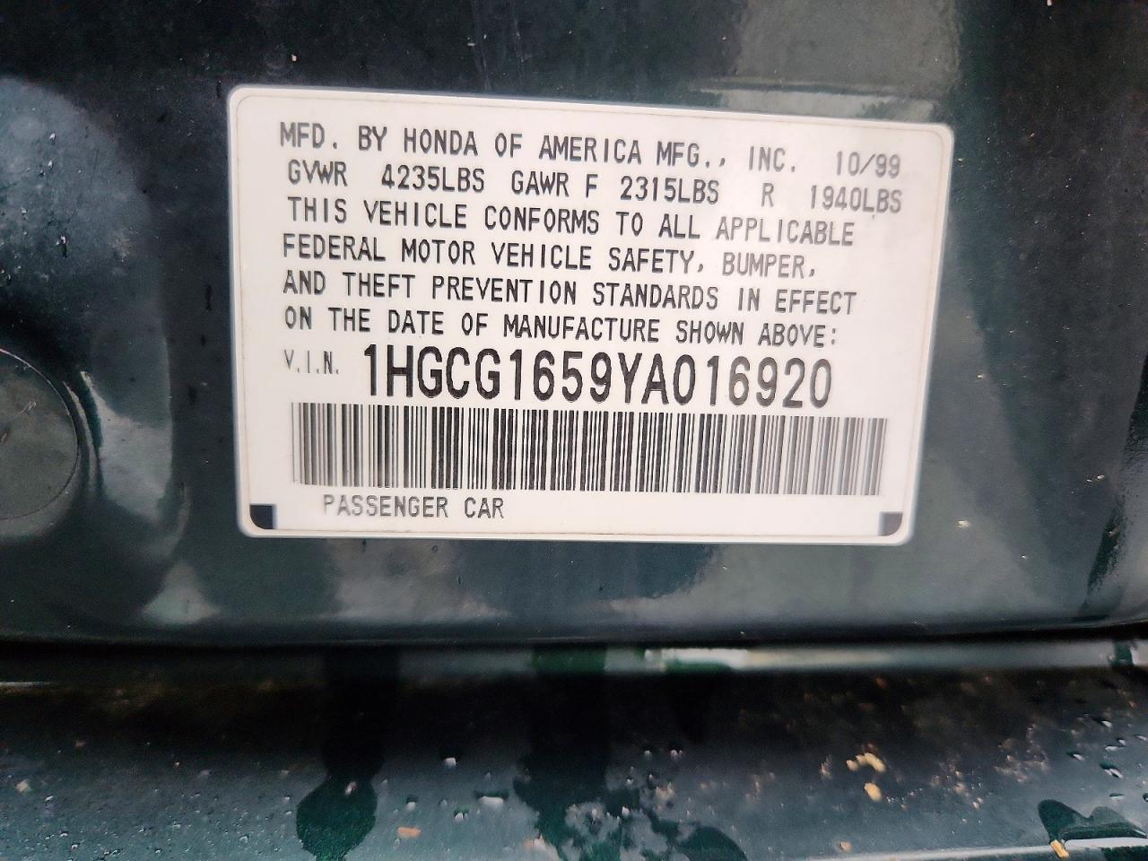 2000 Honda Accord Green vin: 1HGCG1659YA016920