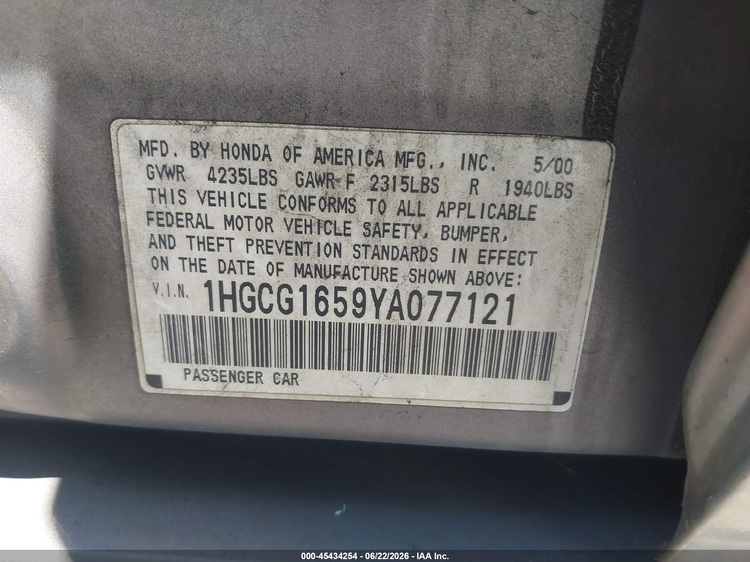 2000 Honda Accord 3.0 Ex Gray vin: 1HGCG1659YA077121