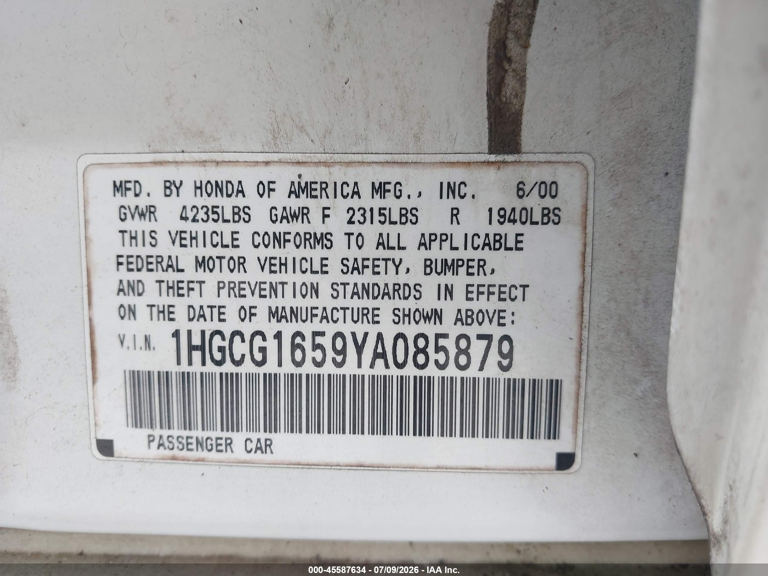 2000 Honda Accord 3.0 Ex White vin: 1HGCG1659YA085879