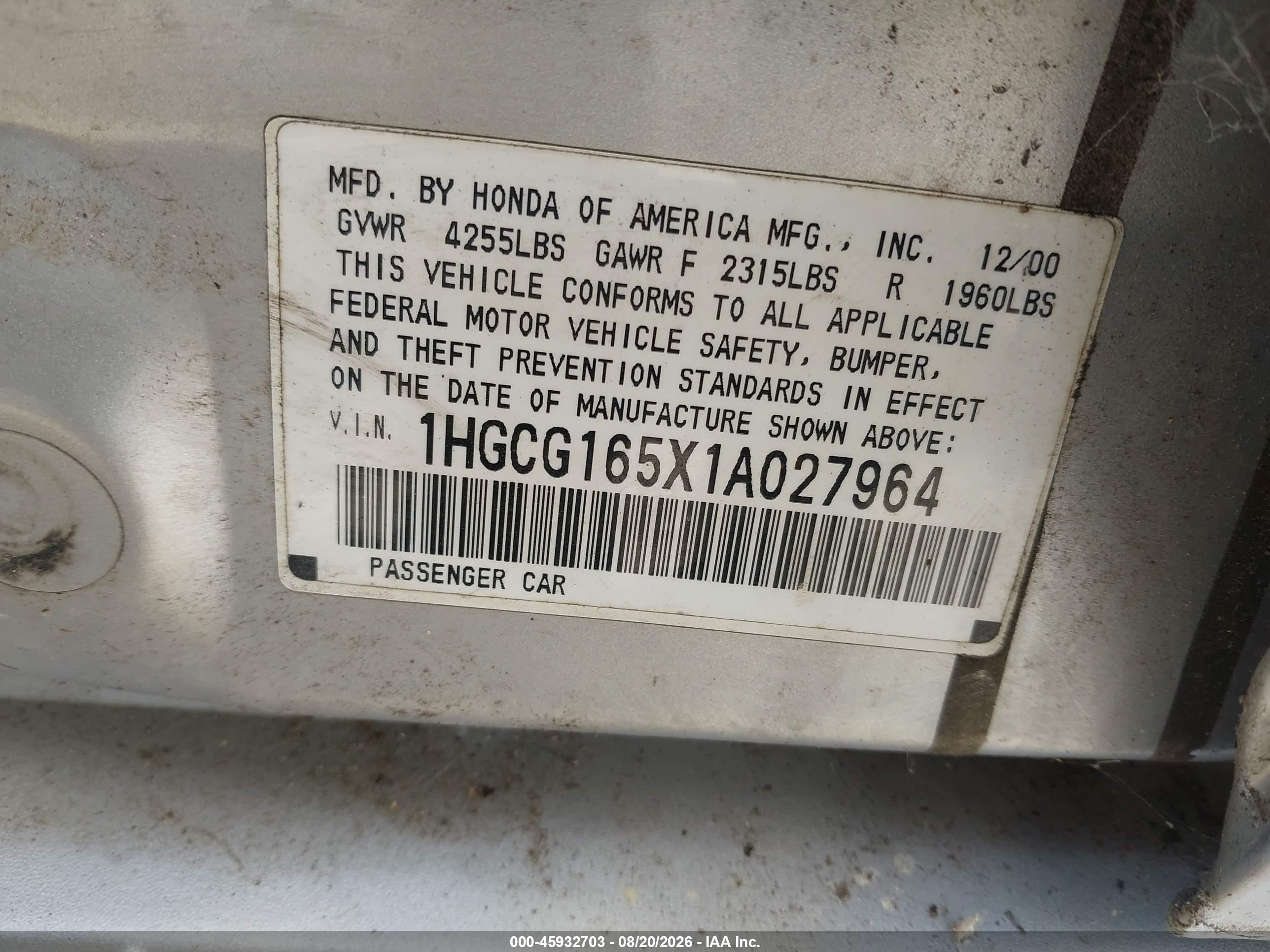 2001 Honda Accord 3.0 Ex Silver vin: 1HGCG165X1A027964