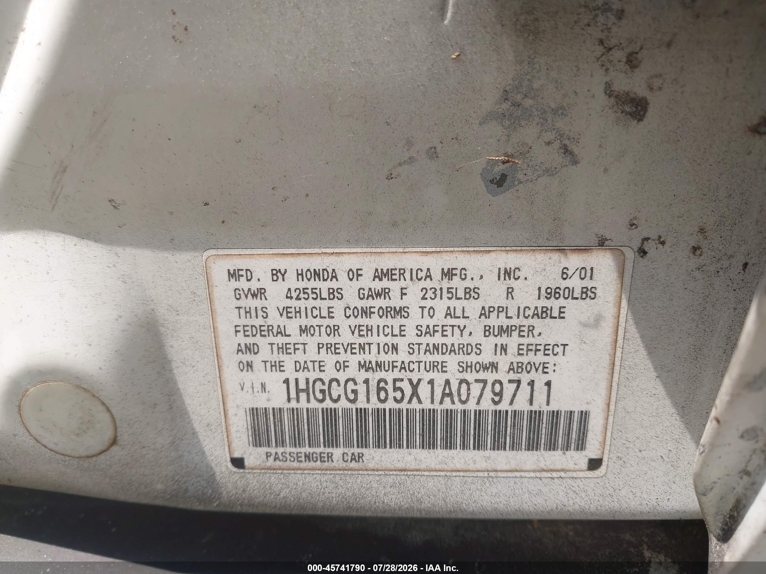 2001 Honda Accord 3.0 Ex White vin: 1HGCG165X1A079711