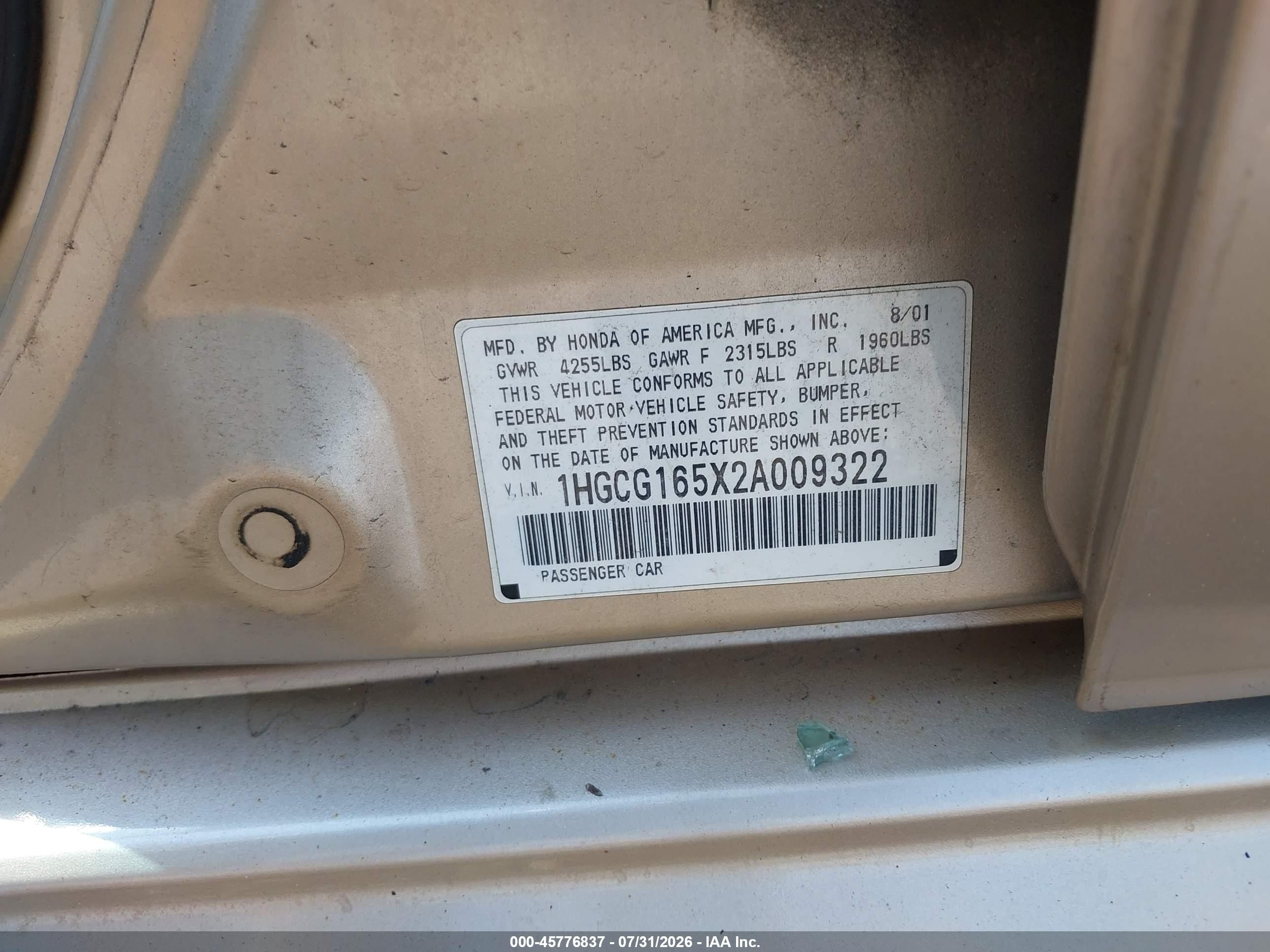2002 Honda Accord 3.0 Ex Gold vin: 1HGCG165X2A009322