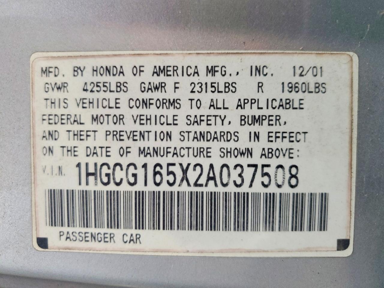 2002 Honda Accord Ex Silver vin: 1HGCG165X2A037508