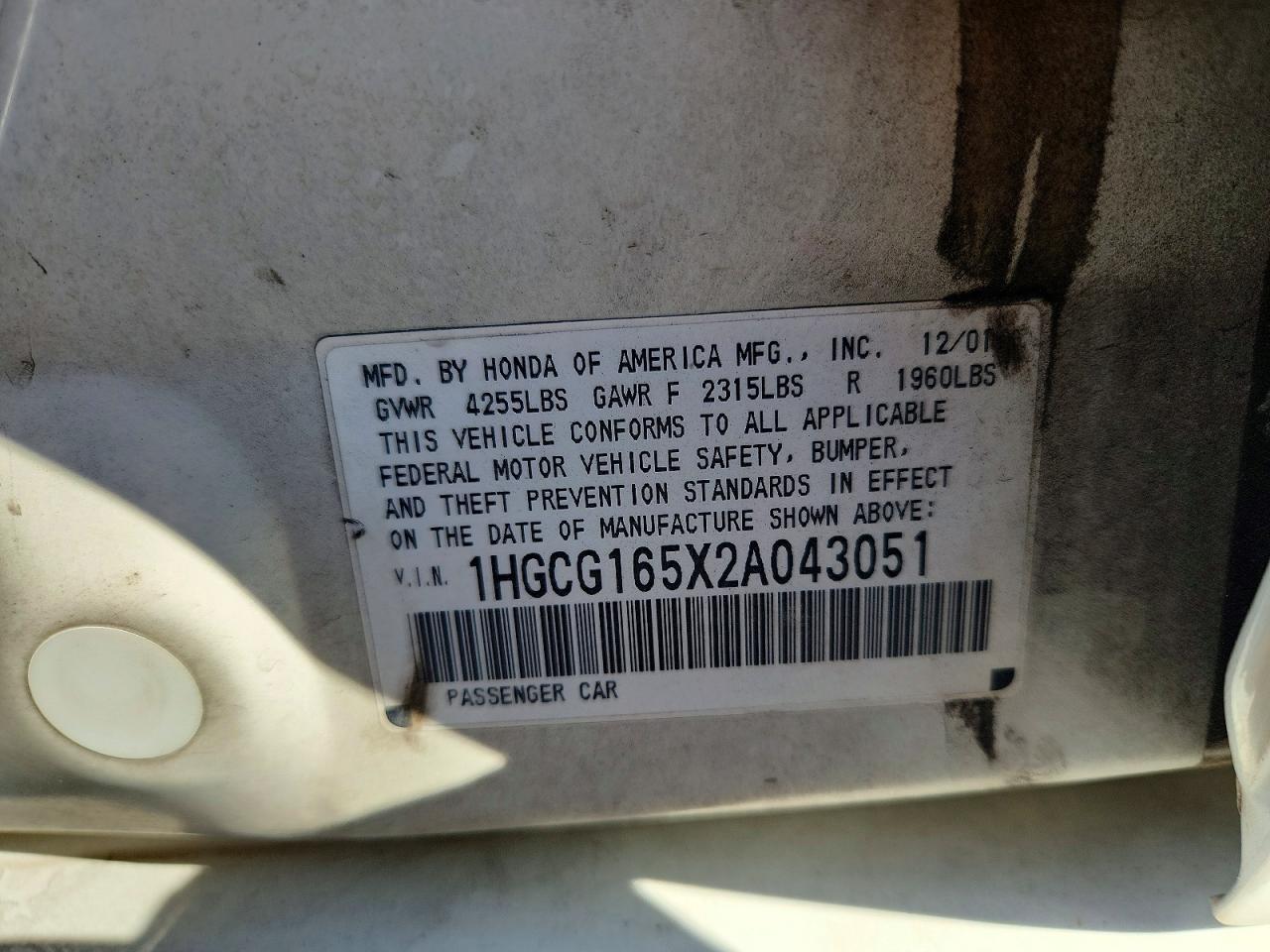 2002 Honda Accord Ex White vin: 1HGCG165X2A043051