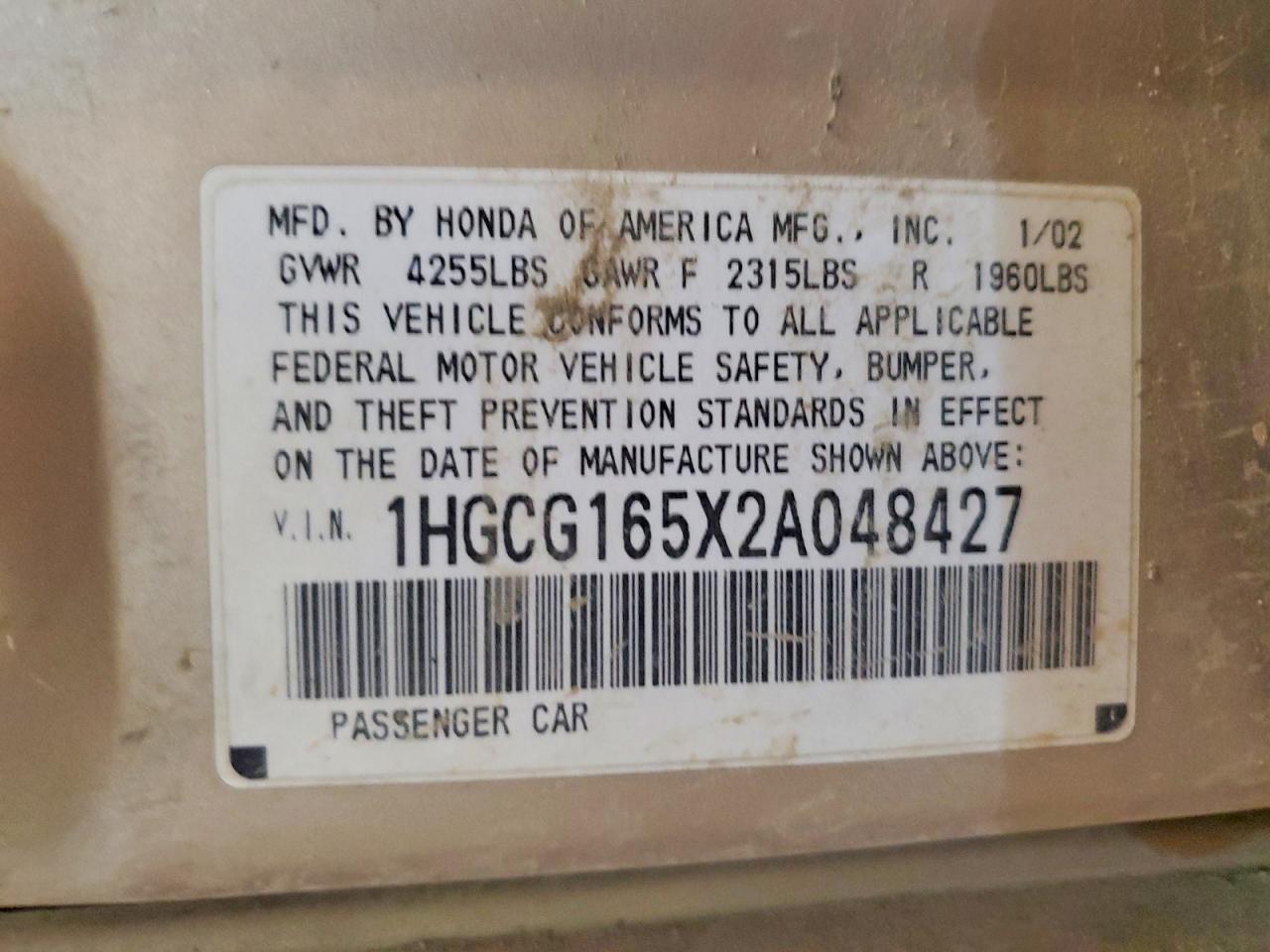 2002 Honda Accord Ex Tan vin: 1HGCG165X2A048427