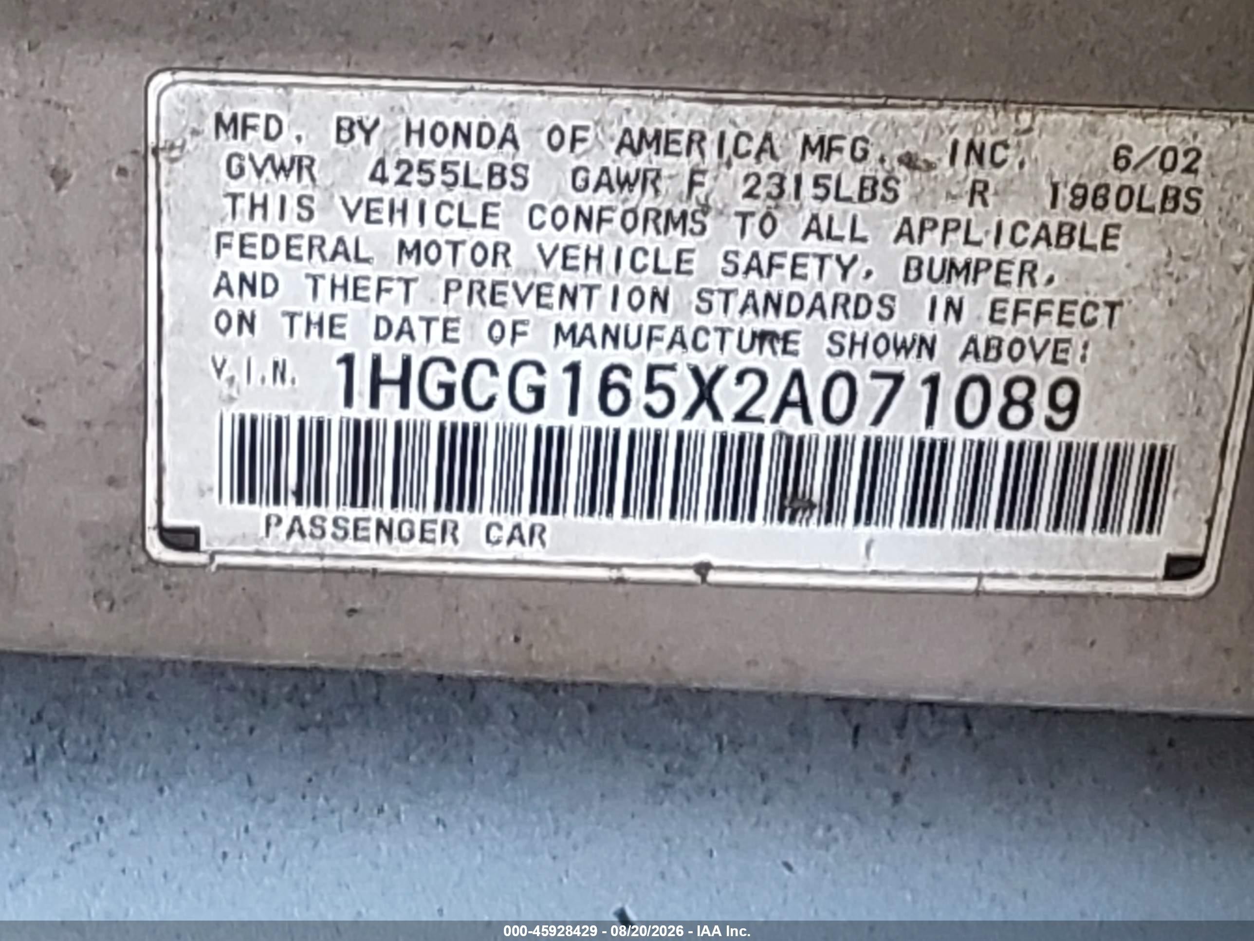 2002 Honda Accord 3.0 Ex Серебряный vin: 1HGCG165X2A071089