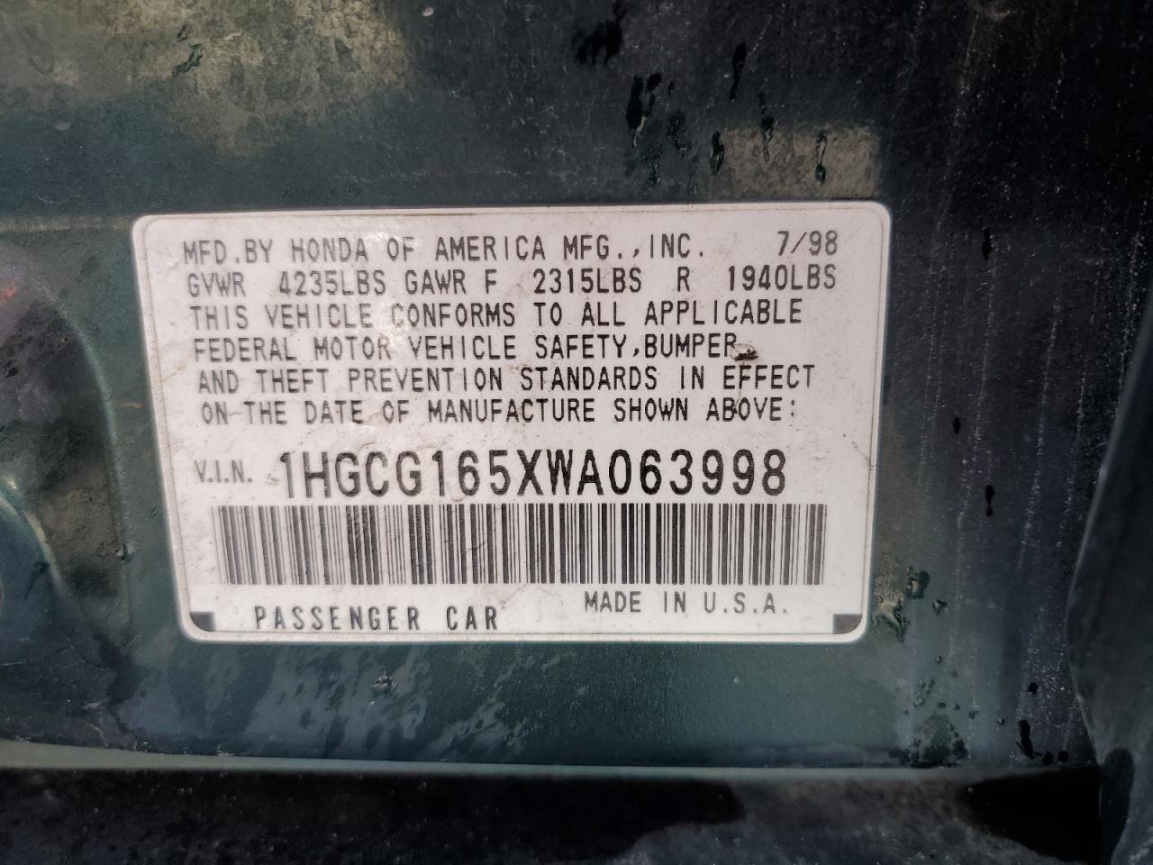 1HGCG165XWA063998 — 1998 HONDA ACCORD History & VIN | AutoHelperBot