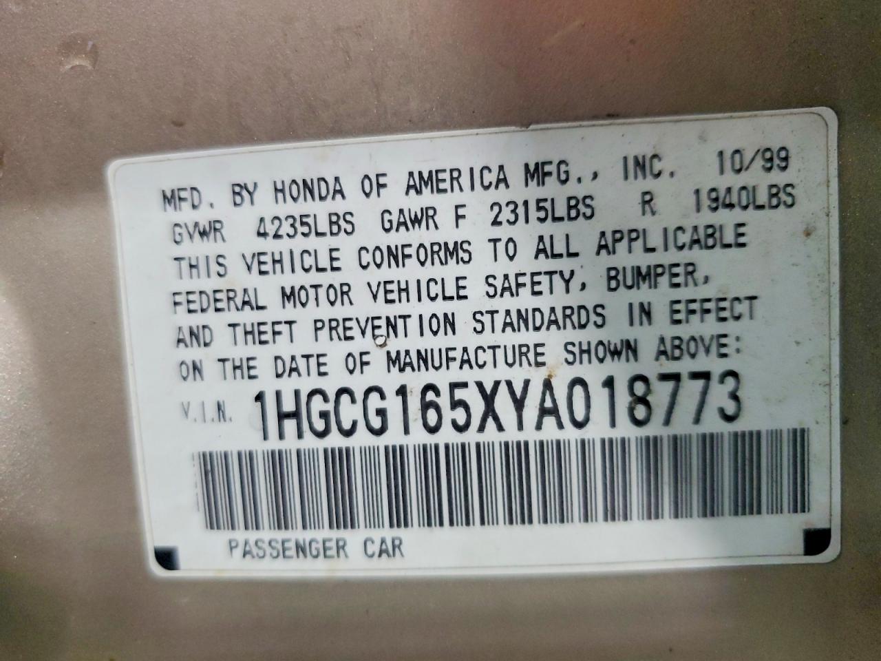 2000 Honda Accord Ex Tan vin: 1HGCG165XYA018773