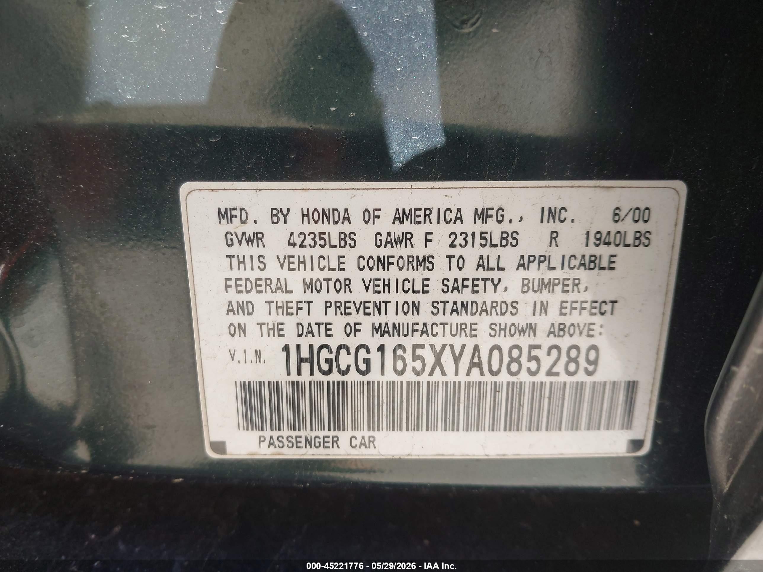 2000 Honda Accord 3.0 Ex Black vin: 1HGCG165XYA085289