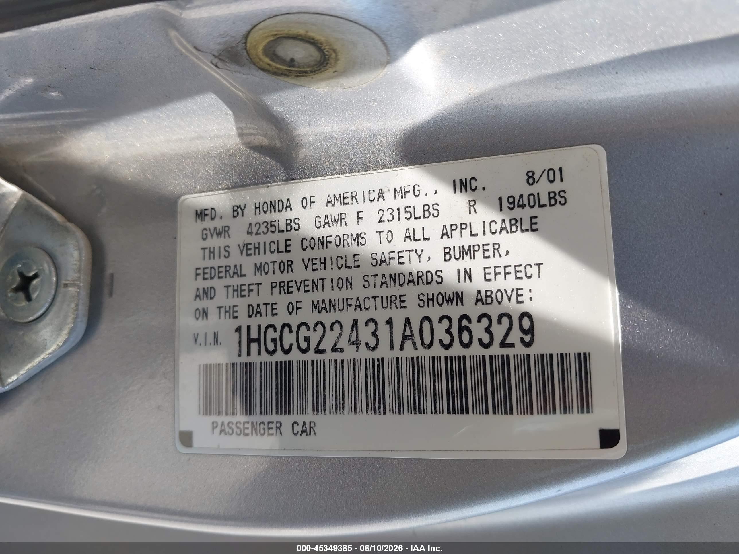 2001 Honda Accord 3.0 Lx Silver vin: 1HGCG22431A036329