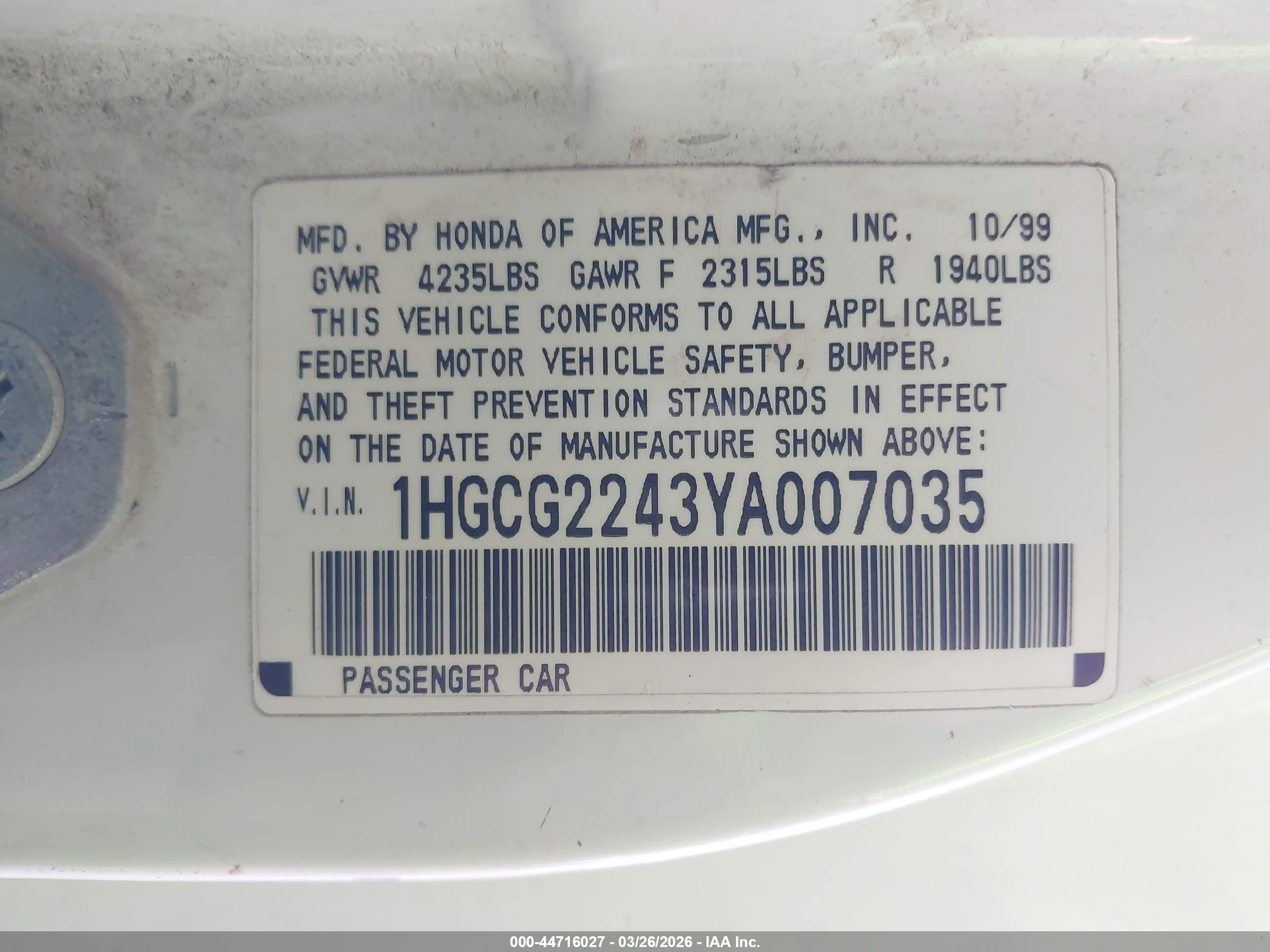 2000 Honda Accord 3.0 Lx White vin: 1HGCG2243YA007035