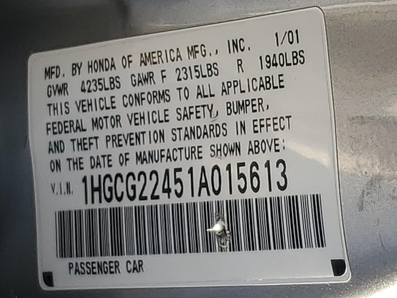2001 Honda Accord Lx Silver vin: 1HGCG22451A015613