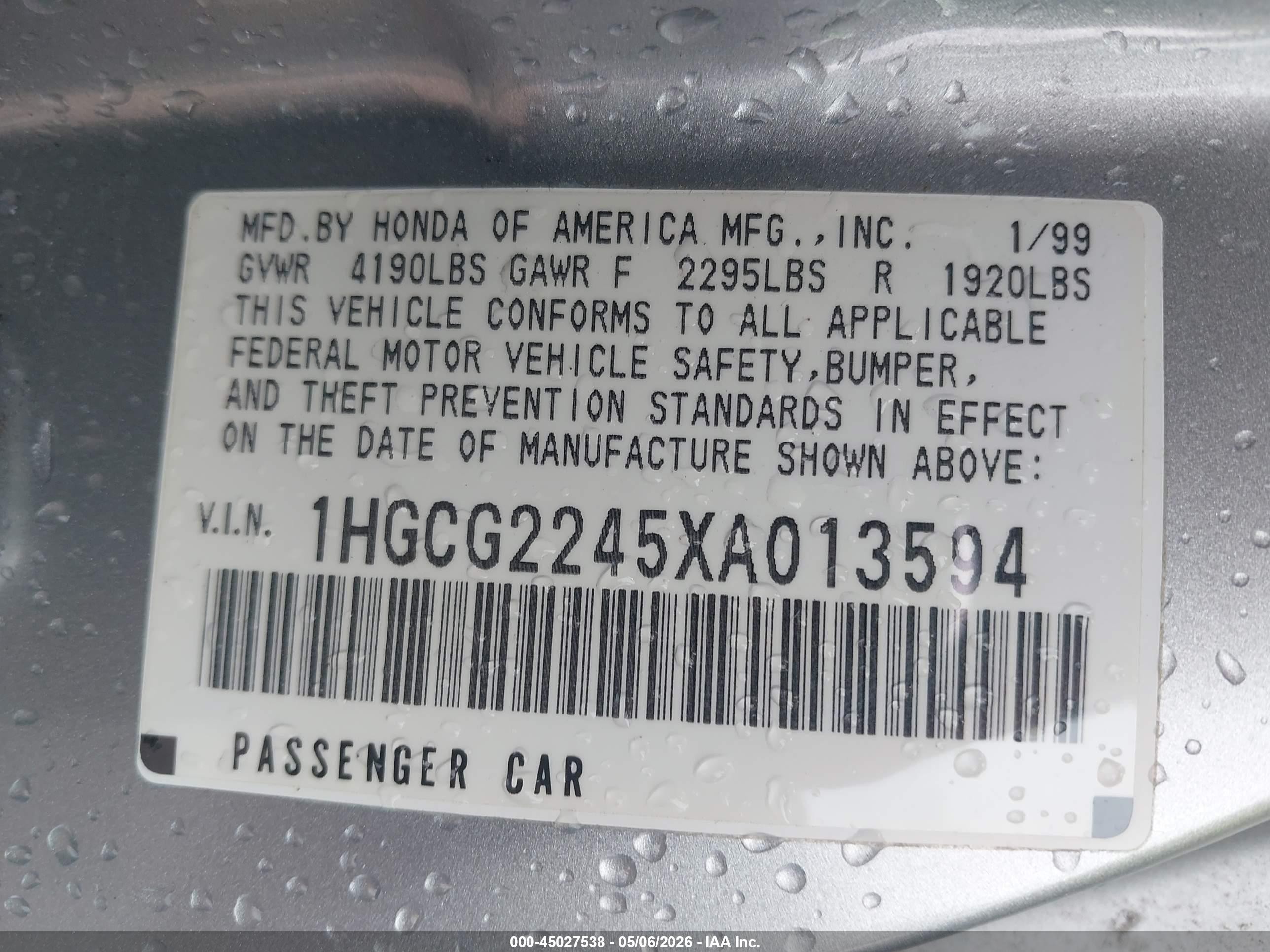 1999 Honda Accord Lx V6 Серебряный vin: 1HGCG2245XA013594