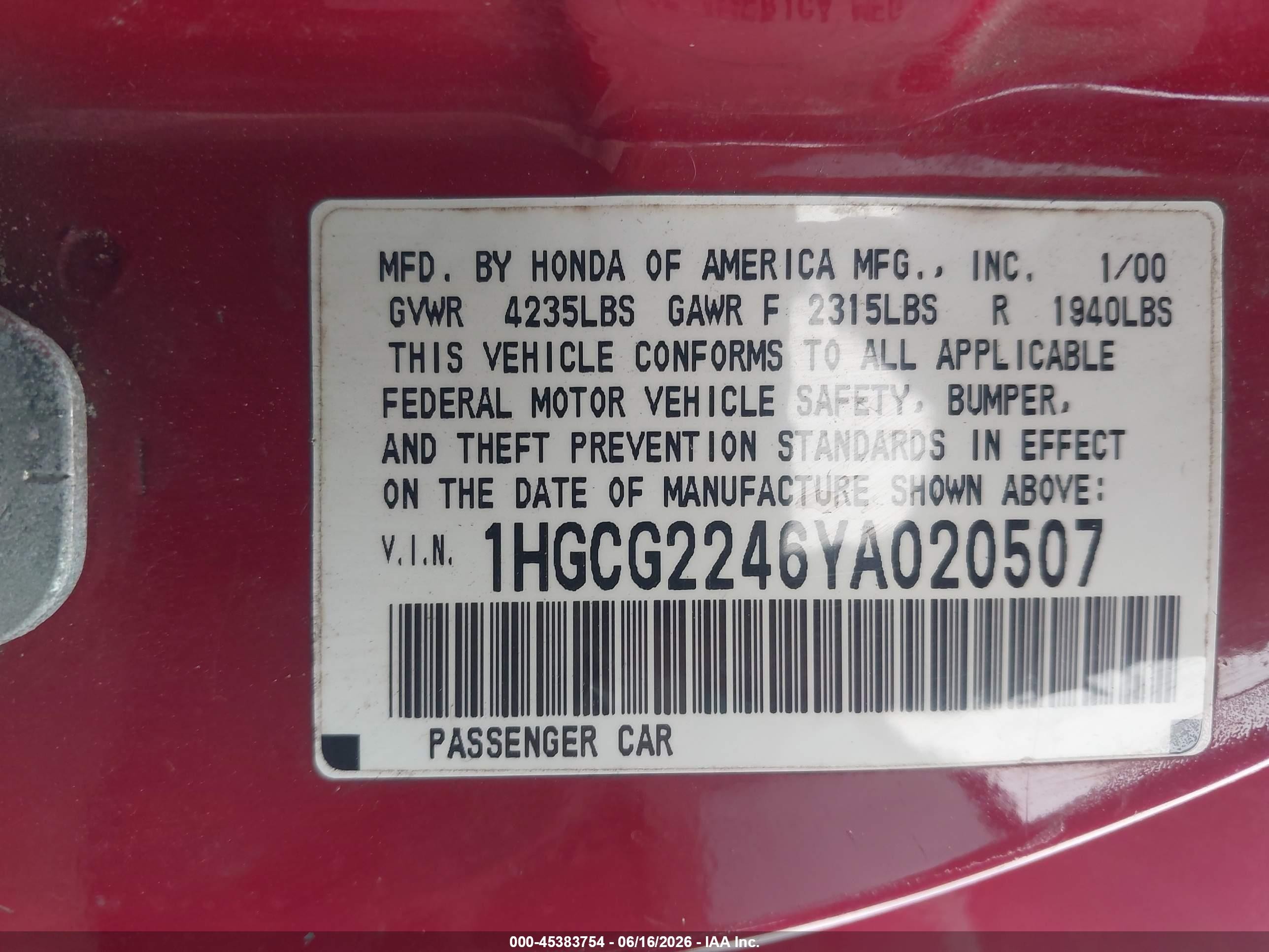 2000 Honda Accord 3.0 Lx Red vin: 1HGCG2246YA020507