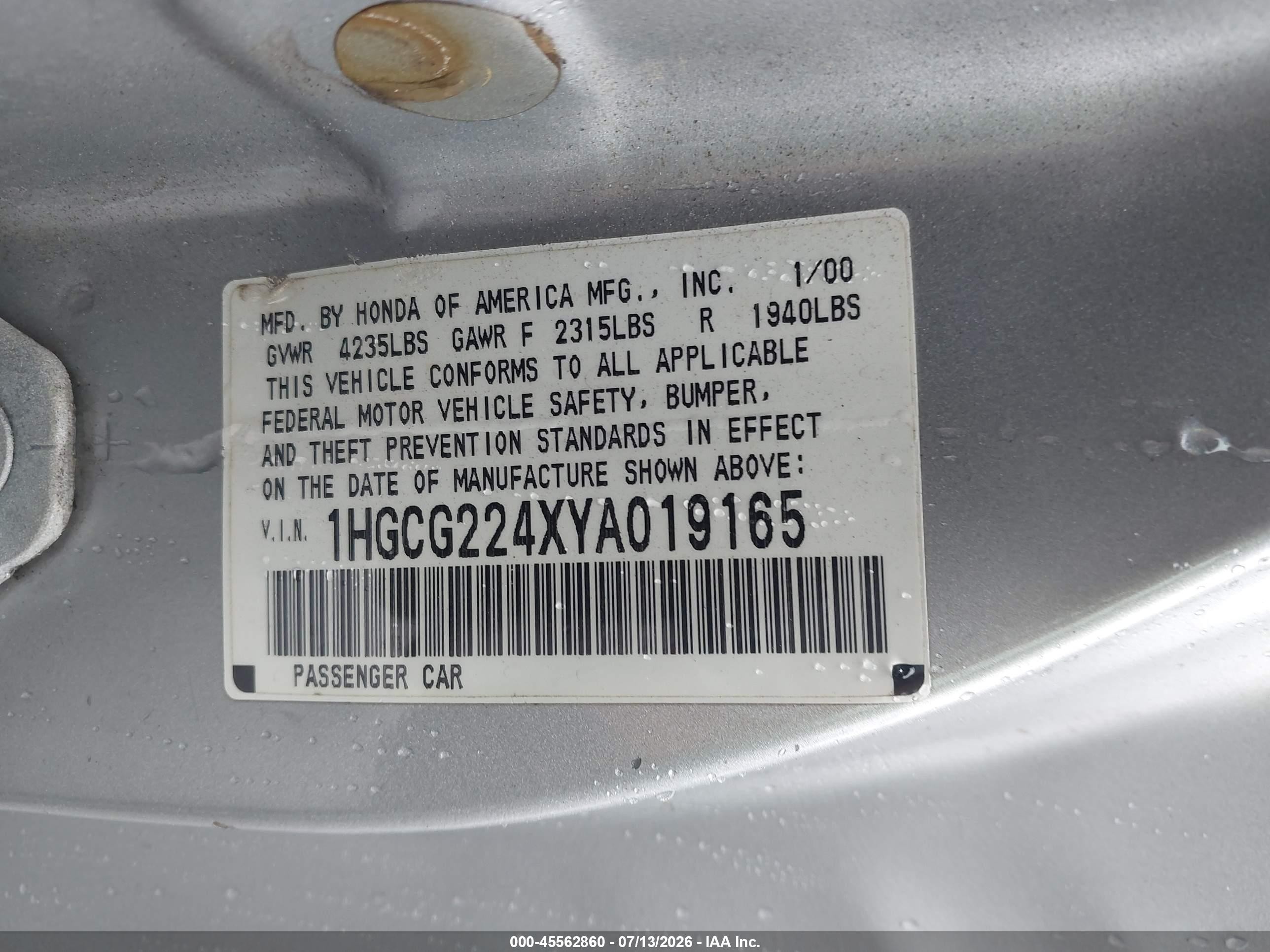 2000 Honda Accord 3.0 Lx Silver vin: 1HGCG224XYA019165