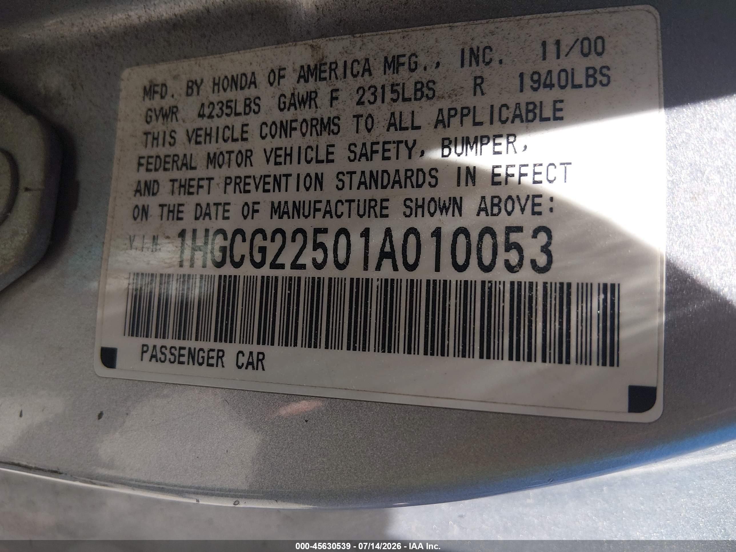2001 Honda Accord 3.0 Ex Silver vin: 1HGCG22501A010053