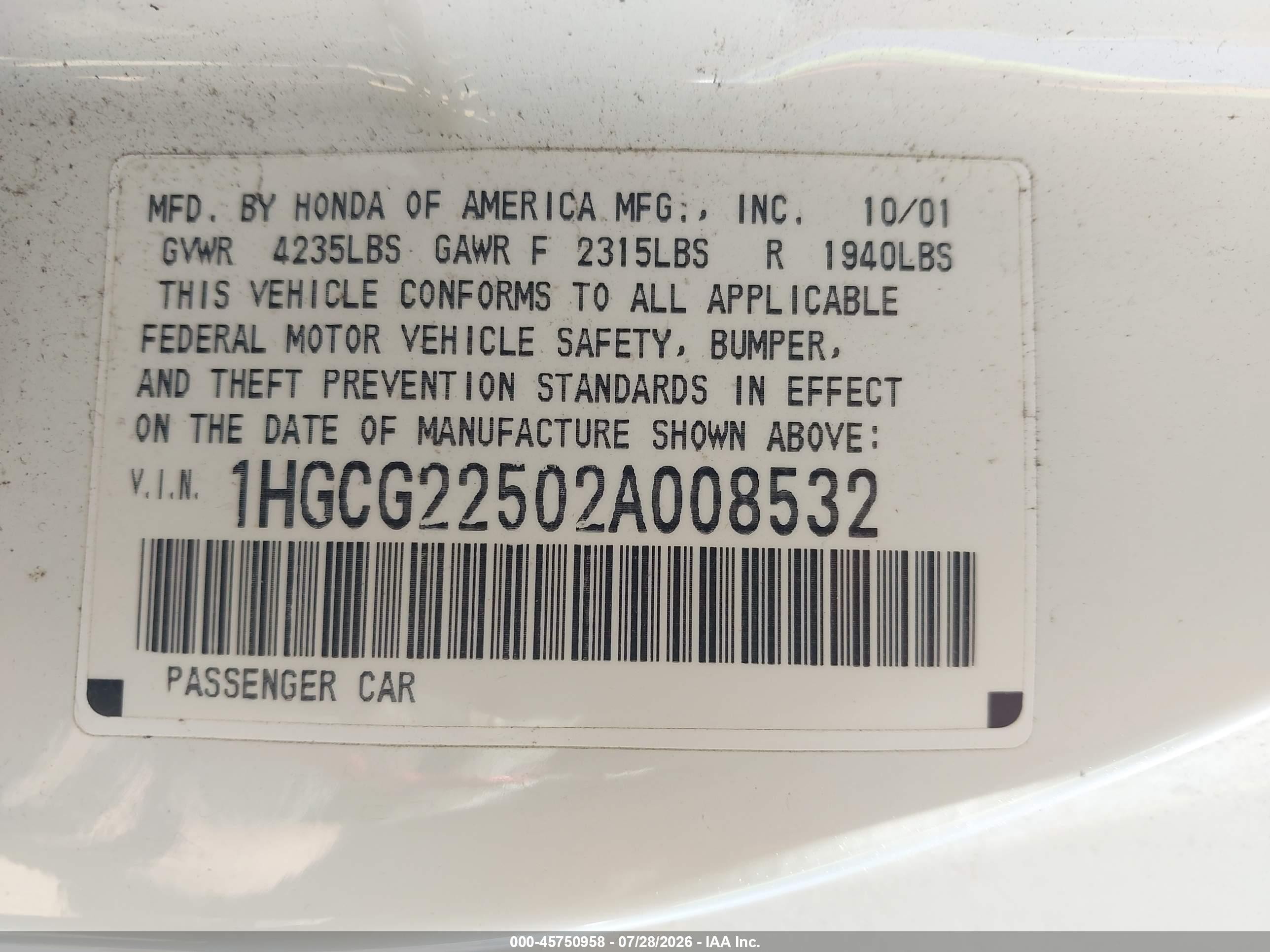 2002 Honda Accord 3.0 Ex White vin: 1HGCG22502A008532